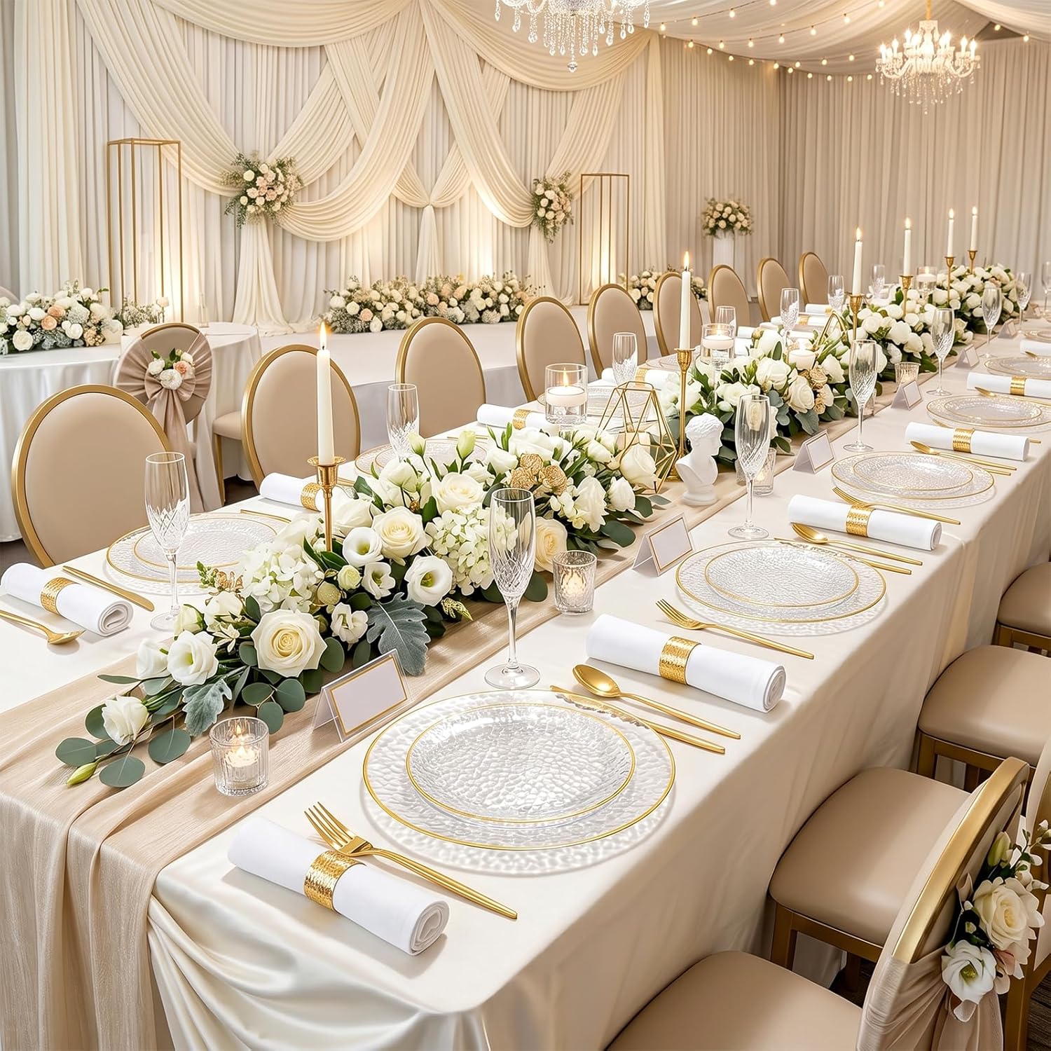 Rubtlamp 60Pcs Clear Plastic Plates,Clear Disposable Plates With Gold Rim,Heavy-duty Gold Plates,Hammered Party Plates Include 30Clear Dessert-Platos,30Dinner-Platos for Wedding, Party