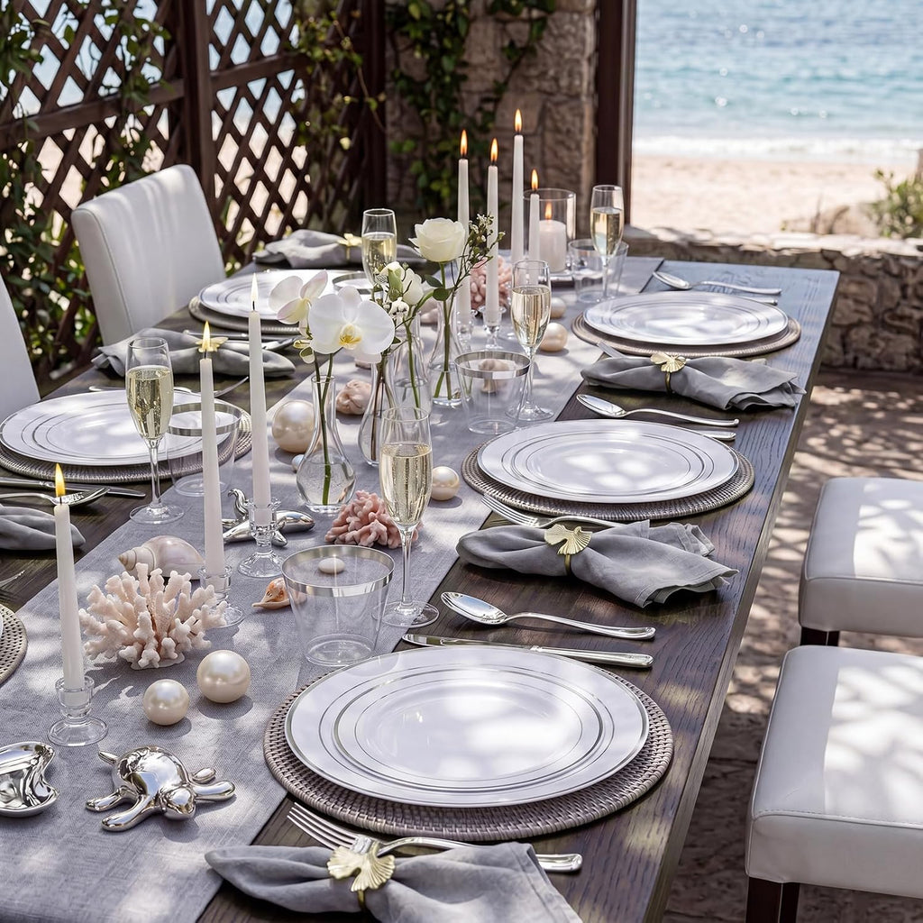 120PCS Plastic Plates White Silver Rim - Disposable Plates including 60PCS for Dinner 10.25inch, 60 Salad/Dessert Plates 7.5inch Heavy Duty Wedding Party Birthday