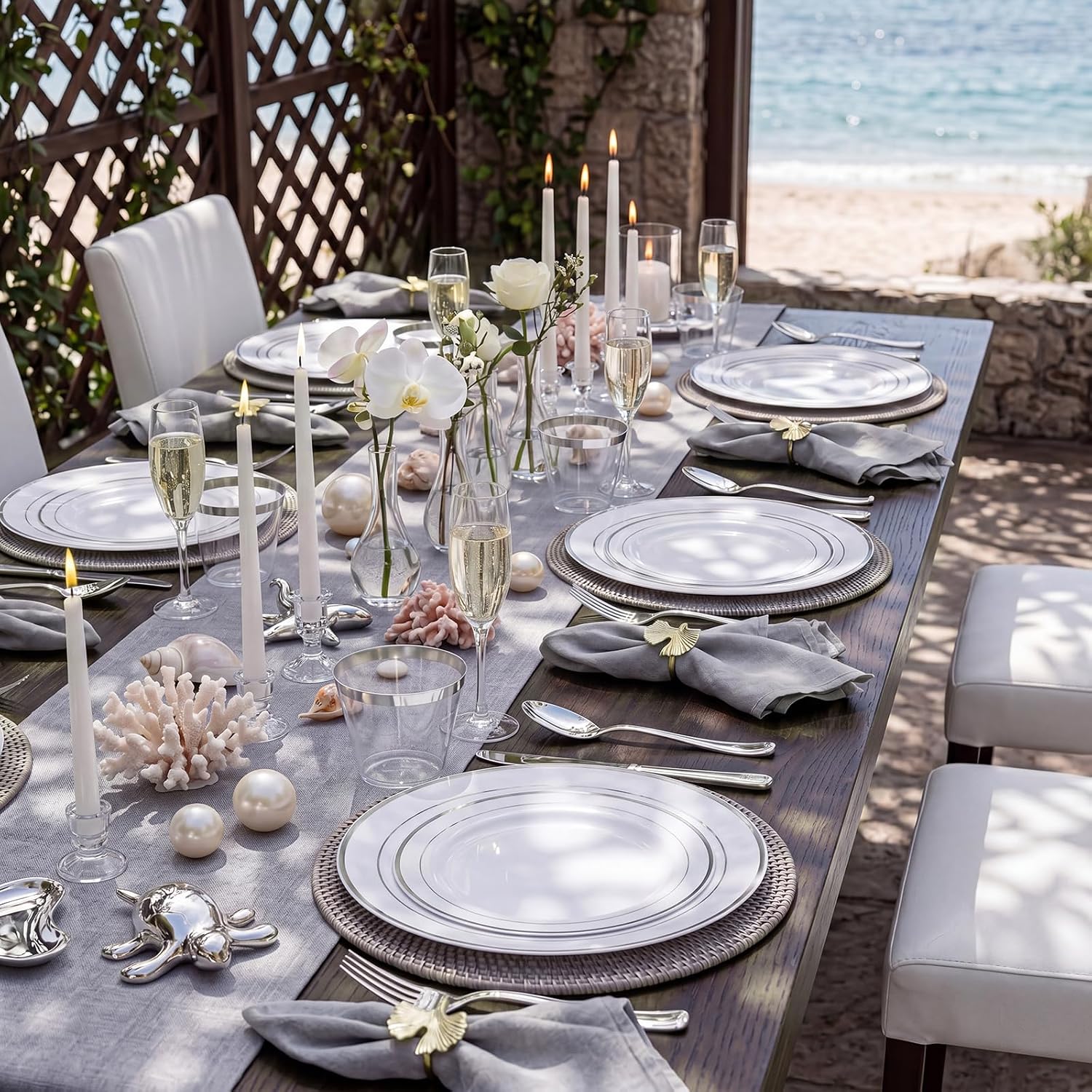 120PCS Plastic Plates White Silver Rim - Disposable Plates including 60PCS for Dinner 10.25inch, 60 Salad/Dessert Plates 7.5inch Heavy Duty Wedding Party Birthday