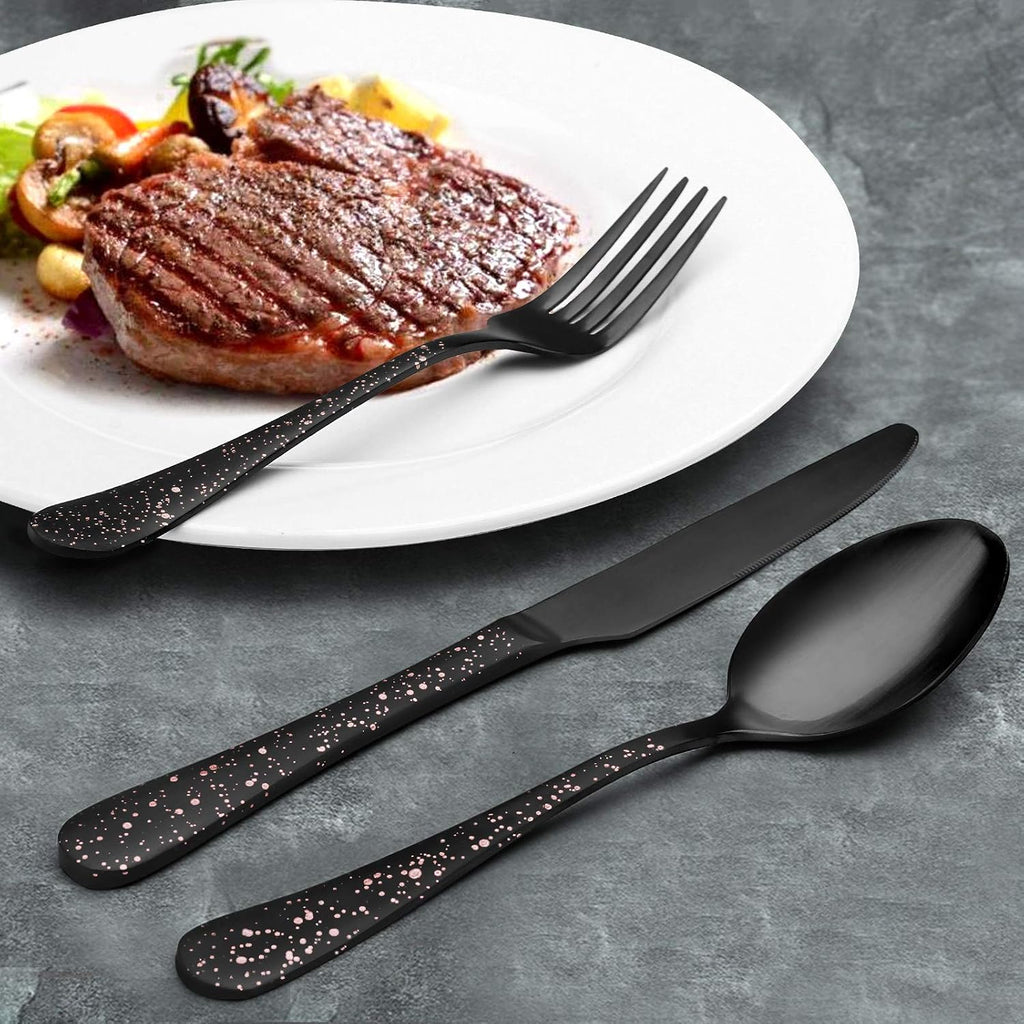 O.C.E. Matte Black Silverware Set, Stainless Steel Flatware Set, 20-Piece Tableware Cutlery Set Service for 4, Satin Finish Tableware Utensils Set, Dishwasher Safe (Starry Pink)