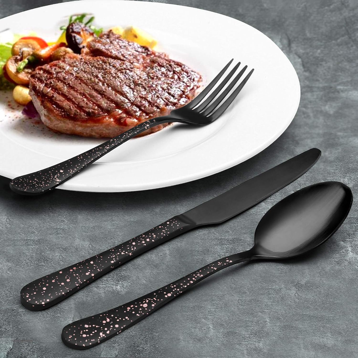 O.C.E. Matte Black Silverware Set, Stainless Steel Flatware Set, 20-Piece Tableware Cutlery Set Service for 4, Satin Finish Tableware Utensils Set, Dishwasher Safe (Starry Pink)