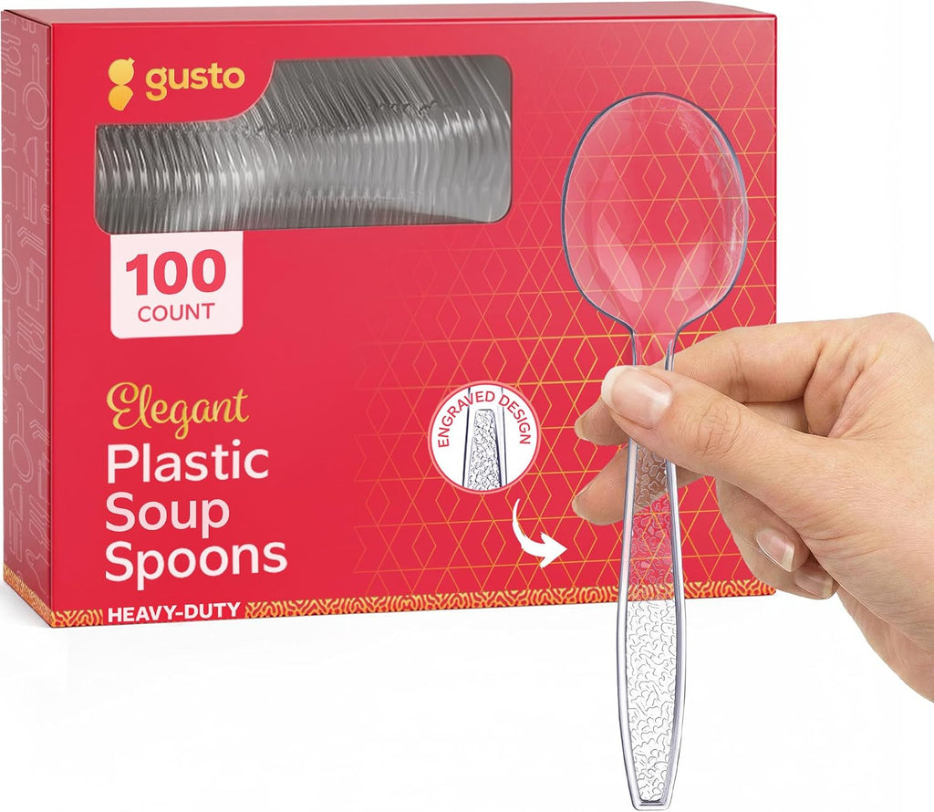 GUSTO [100 Pack] Heavyweight Clear Plastic Soup Spoons with Engraved Design - Disposable Sturdy Plastic Utensils for Parties, Weddings, and Events (Formerly Comfy Package)