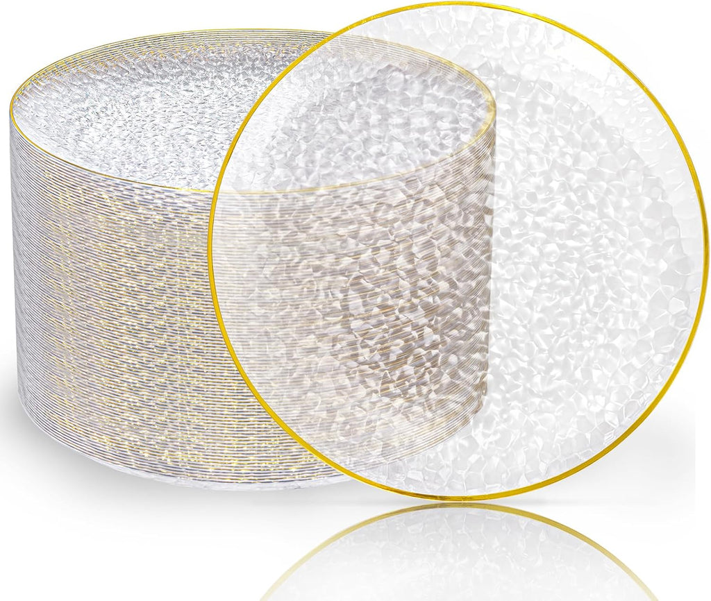 Rubtlamp 100 Pcs Gold Plastic Plates, 10 inch Clear Gold Dinner Plates, Hammer Pattern Design, Fancy Disposable Plate, Heavy Duty Party Plate Ideal for Party