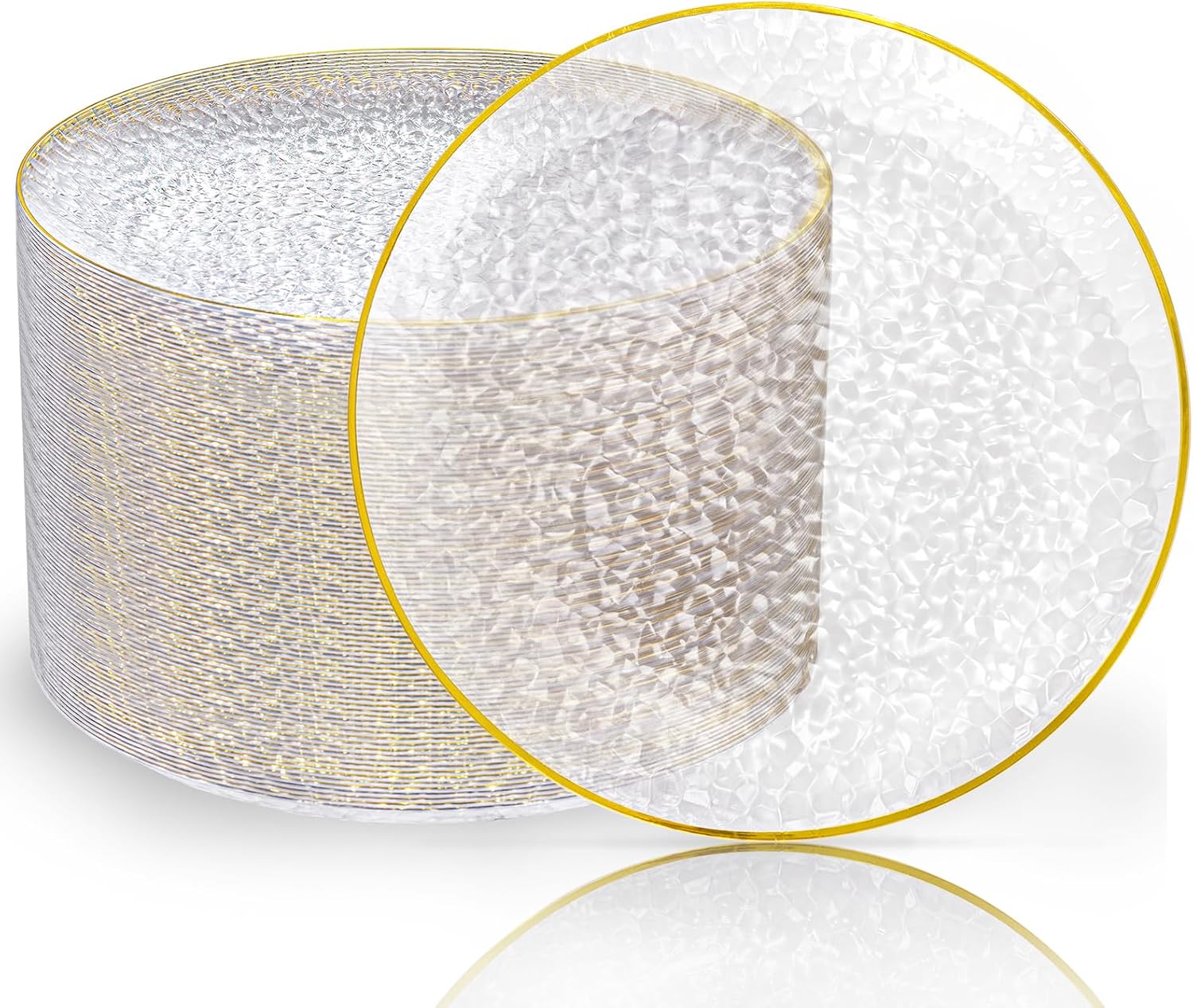 Rubtlamp 100 Pcs Gold Plastic Plates, 10 inch Clear Gold Dinner Plates, Hammer Pattern Design, Fancy Disposable Plate, Heavy Duty Party Plate Ideal for Party