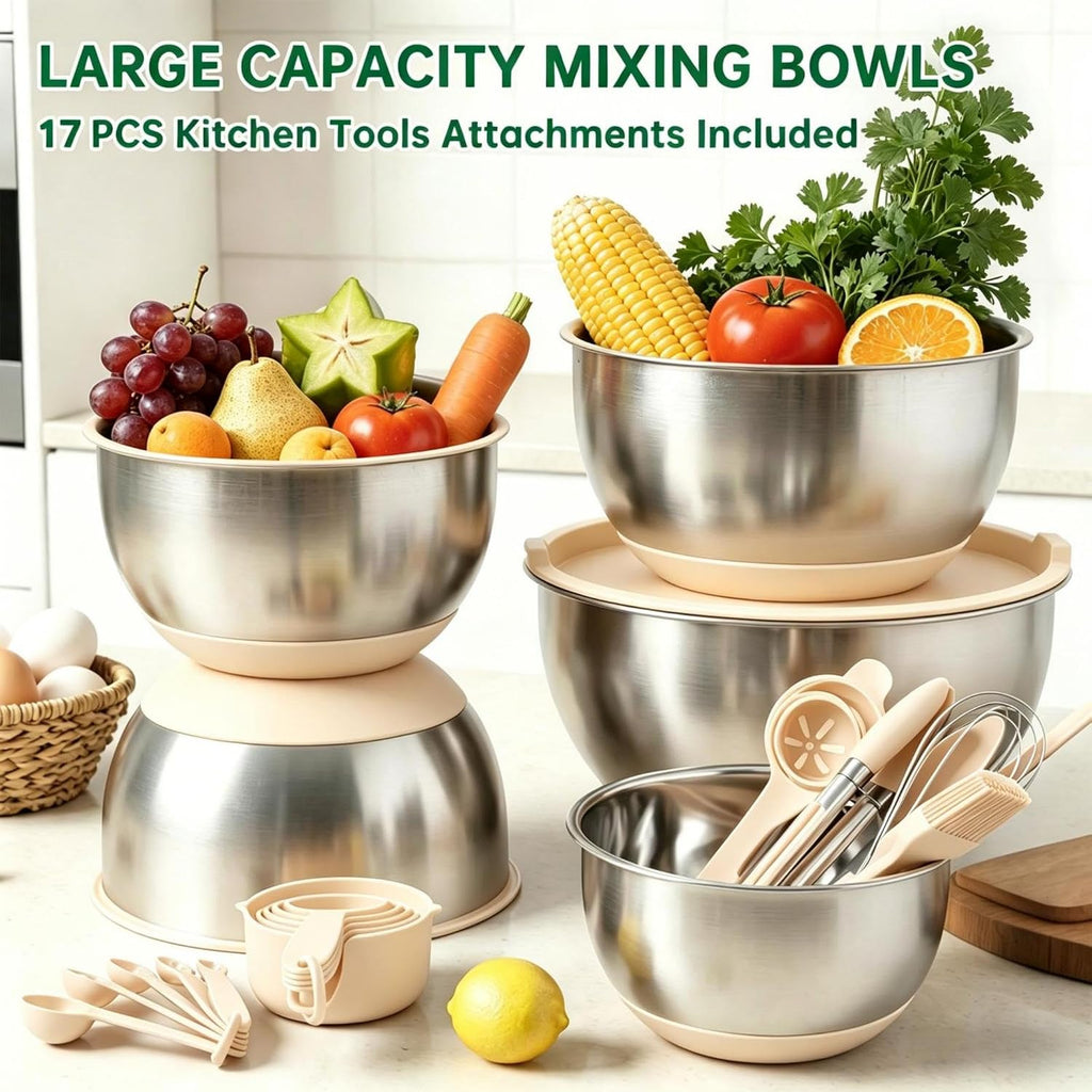 Deedro Mixing Bowls with Airtight Lids, Stainless Steel Mixing Bowls Set | 22Pcs Nesting Bowls with Non-Slip Silicone Base, thicker Metal Bowls for Baking & Prepping, 1.5/2/3/4/5 QT, Khaki