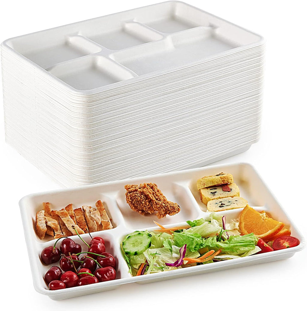 Compostable Disposable 5 Compartment Paper Plates, 12.5inch | 100 Pack, Biodegradable Sugarcane Plates, Eco-Friendly School Lunch Trays