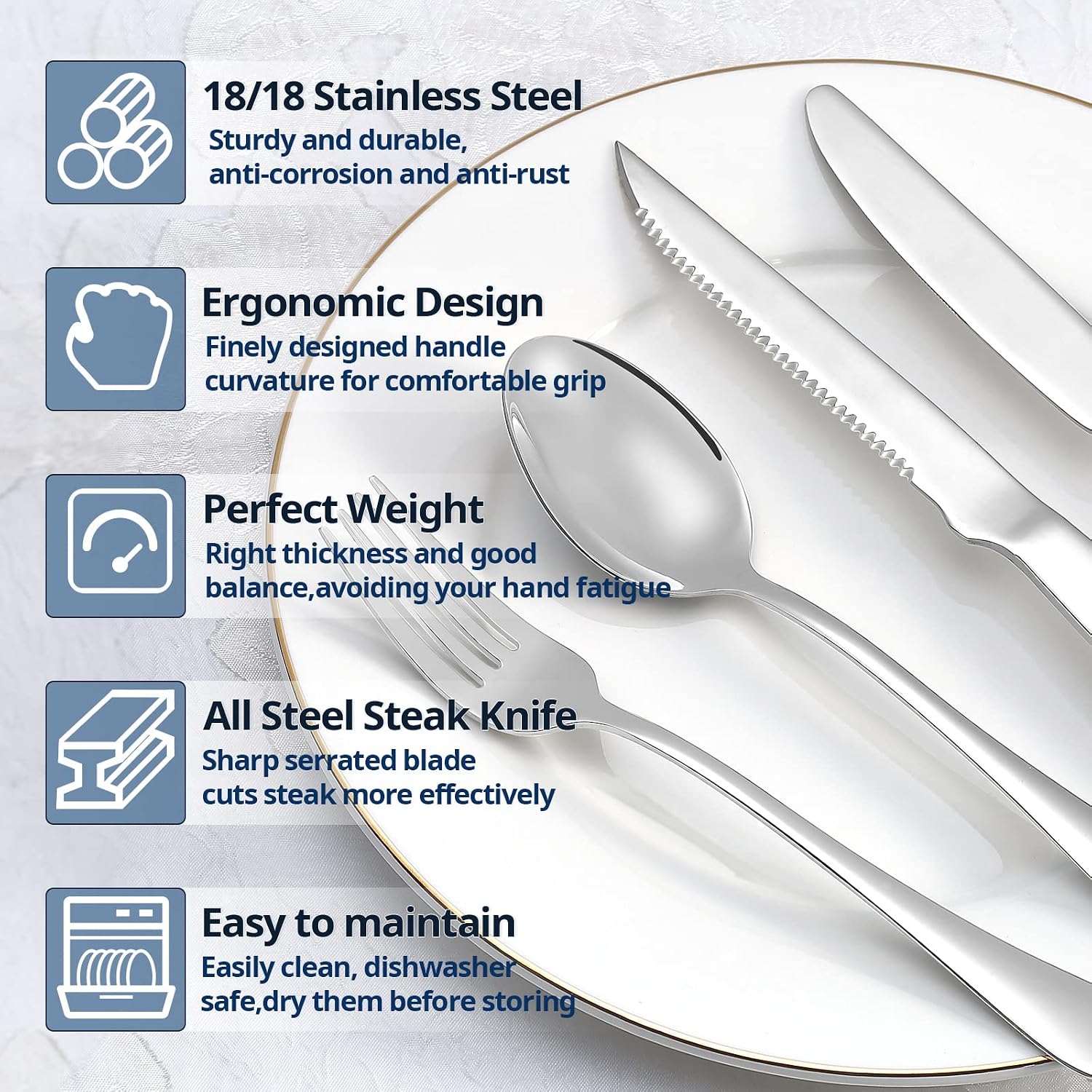 Eisinly 20-Piece Silverware Set with Steak Knives, Mirror Polished | Service for 4, Food Grade Stainless Steel, Ergonomic Design, Dishwasher Safe, Ideal for Home Restaurant Hotel