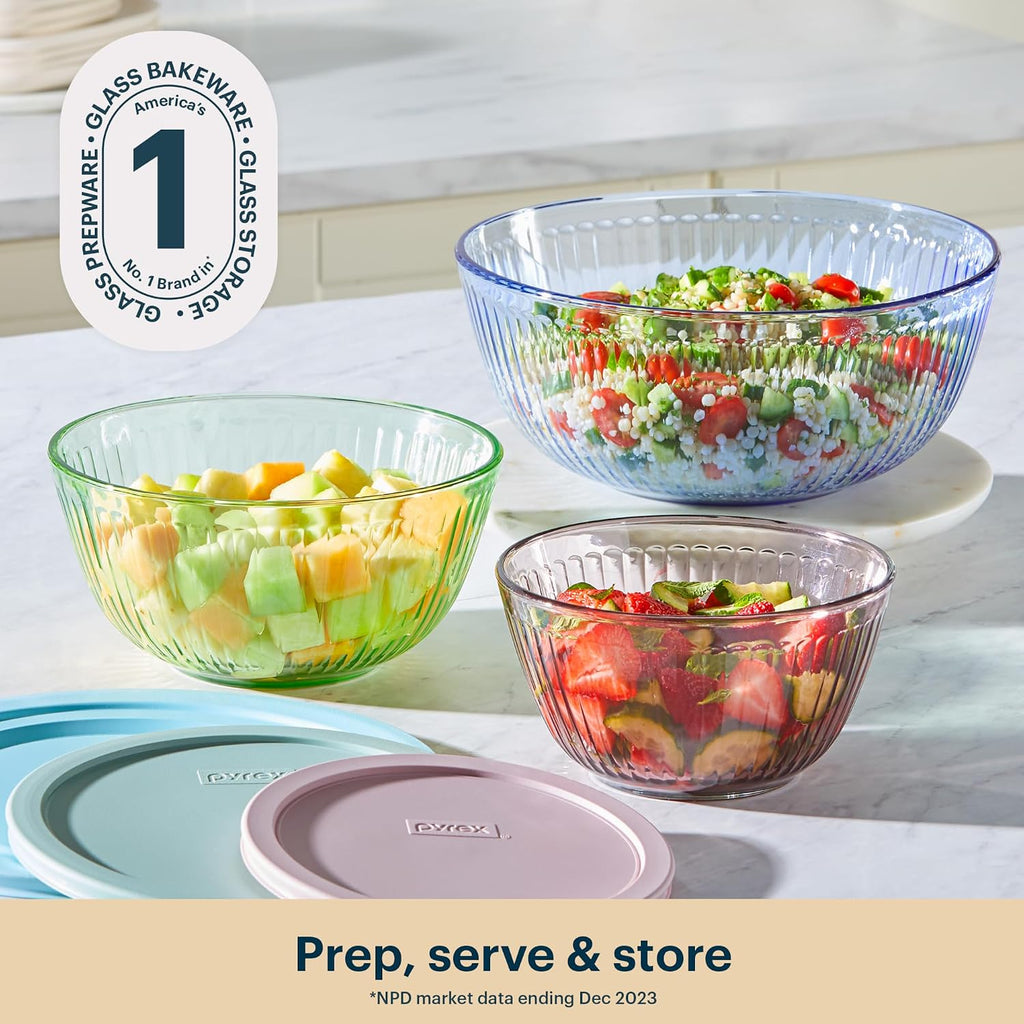Pyrex Colors (3-Pack) Sculpted Tinted Glass Mixing Bowls with Plastic Lids