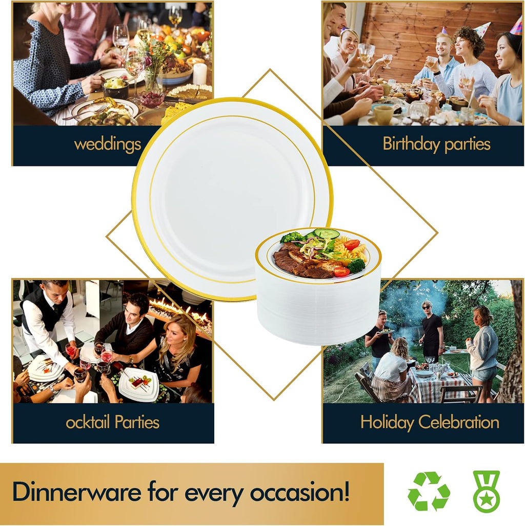 Vplus 100 Pack 10 in Gold Rimmed White Disposable Plastic Plates for Party | Heavy Duty, Elegant Durable Dinner Plates, Ideal for Office, Gathering, Wedding, Thanksgiving, Christmas, Halloween, Daily