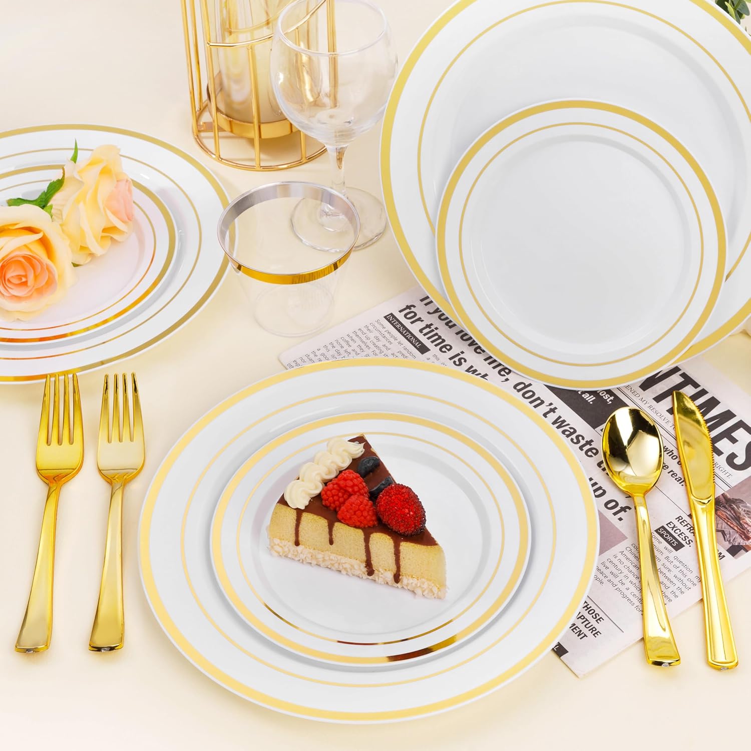 BESTSTAR 100PCS White Plastic Plates for Party | 10.25 Inch Disposable Plates with Gold Rim, Heavy Duty Dinner Plates for Party, Wedding and Birthday