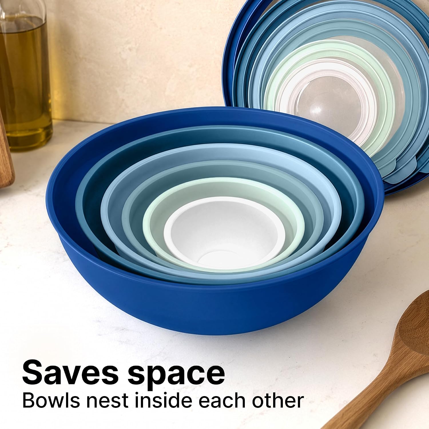 Zulay Kitchen 12 Piece Plastic Mixing Bowls with Lids Set - Leak-Proof Microwave & Freezer Safe Stackable Mixing Bowl Set for Preparing, Serving and Storing - Non-Slip Large Nesting Bowls (Blue Ombre)