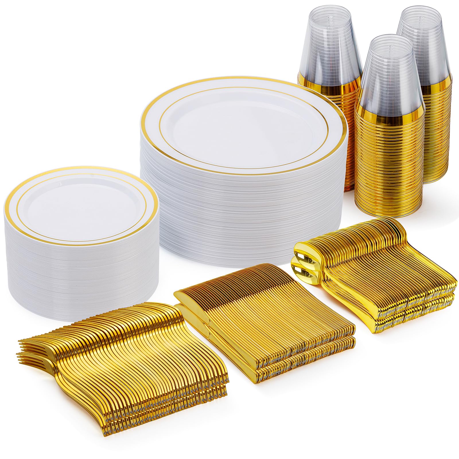 600 Pieces Gold Disposable Plastic Plates for 100 Guests | Include: Dinnerware Set of 100 Dinner and 100 Dessert Plates, 100 Spoons, 100 Forks, 100 Knives, 100 Cups Plates for Party