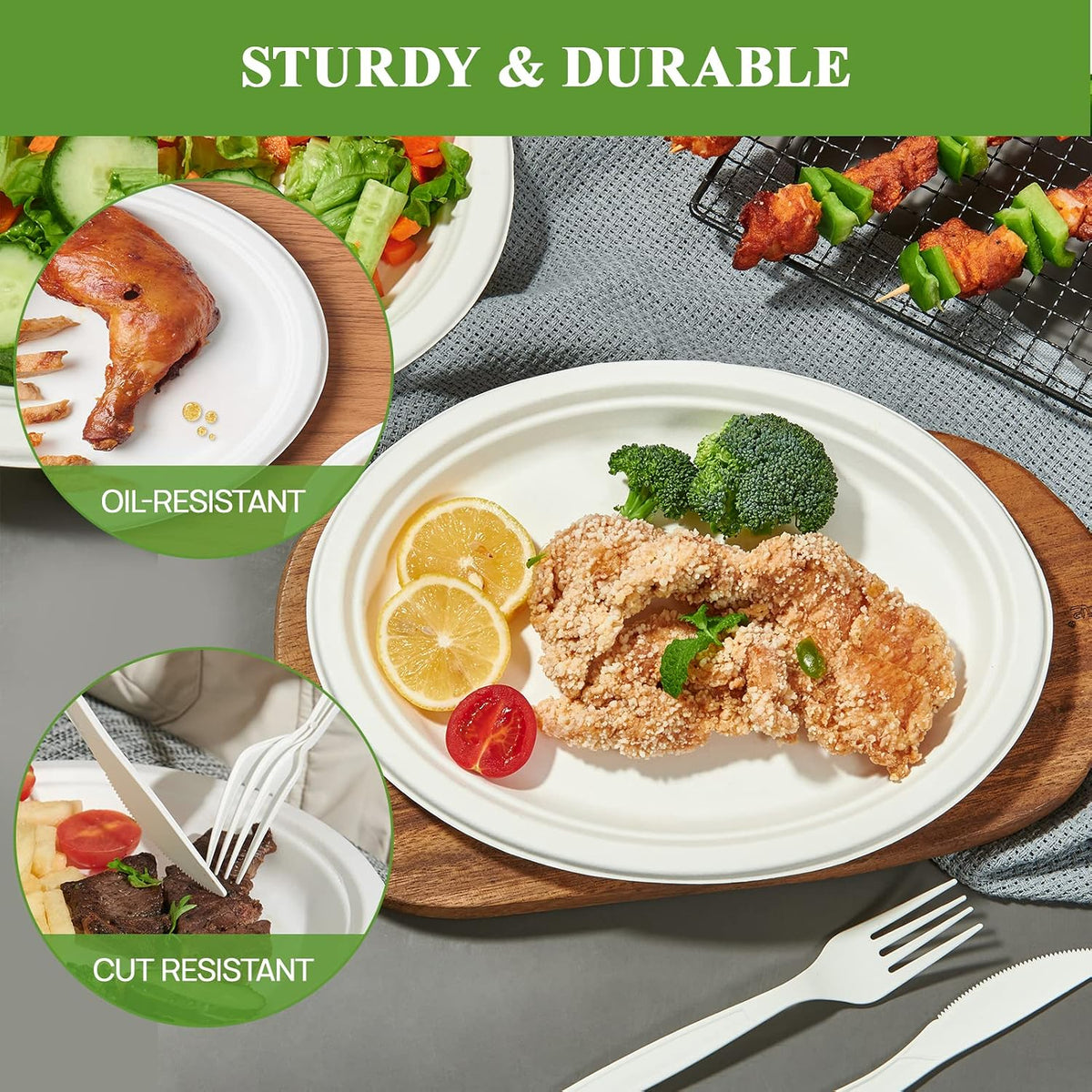Vplus 100% Compostable Oval Paper Plates 12 inch 125 Pack, White | Super Strong, Disposable Paper Plates, Bagasse Natural Biodegradable, Sugarcane for BBQ, Party, Dinner, and Picnic