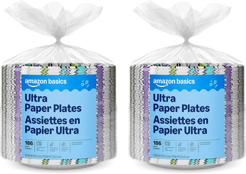 Amazon Basics Ultra Paper Plates, 10 Inch, Disposable, 372 Count (2 Pack of 186), Packaging May Vary