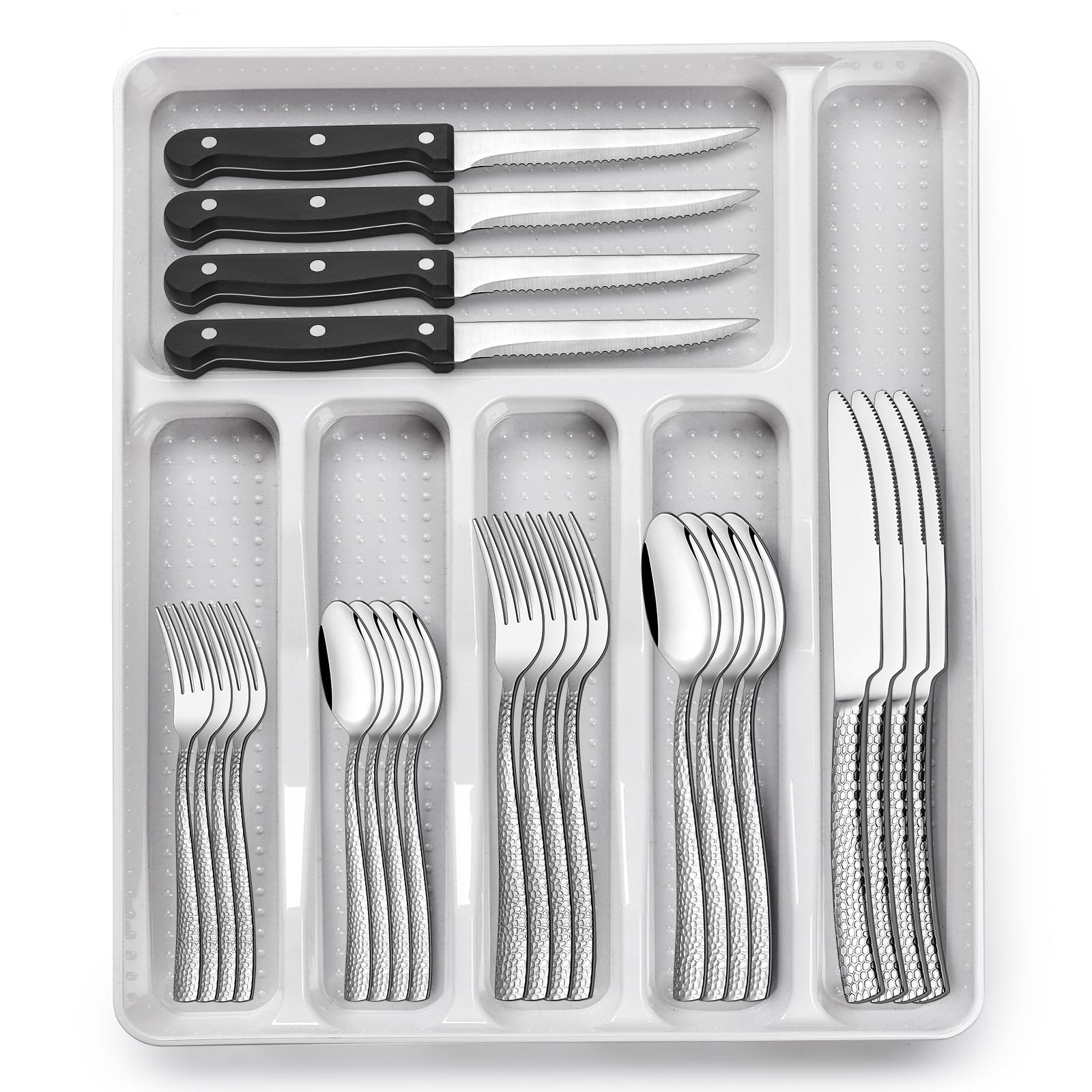49-Piece Black Silverware Set with Organizer, Food-Grade Stainless Steel Black Flatware for 8, Cutlery Utensil Sets with Steak Knives, Rust-proof, Mirror Polished, Dishwasher Safe, Tree Pattern