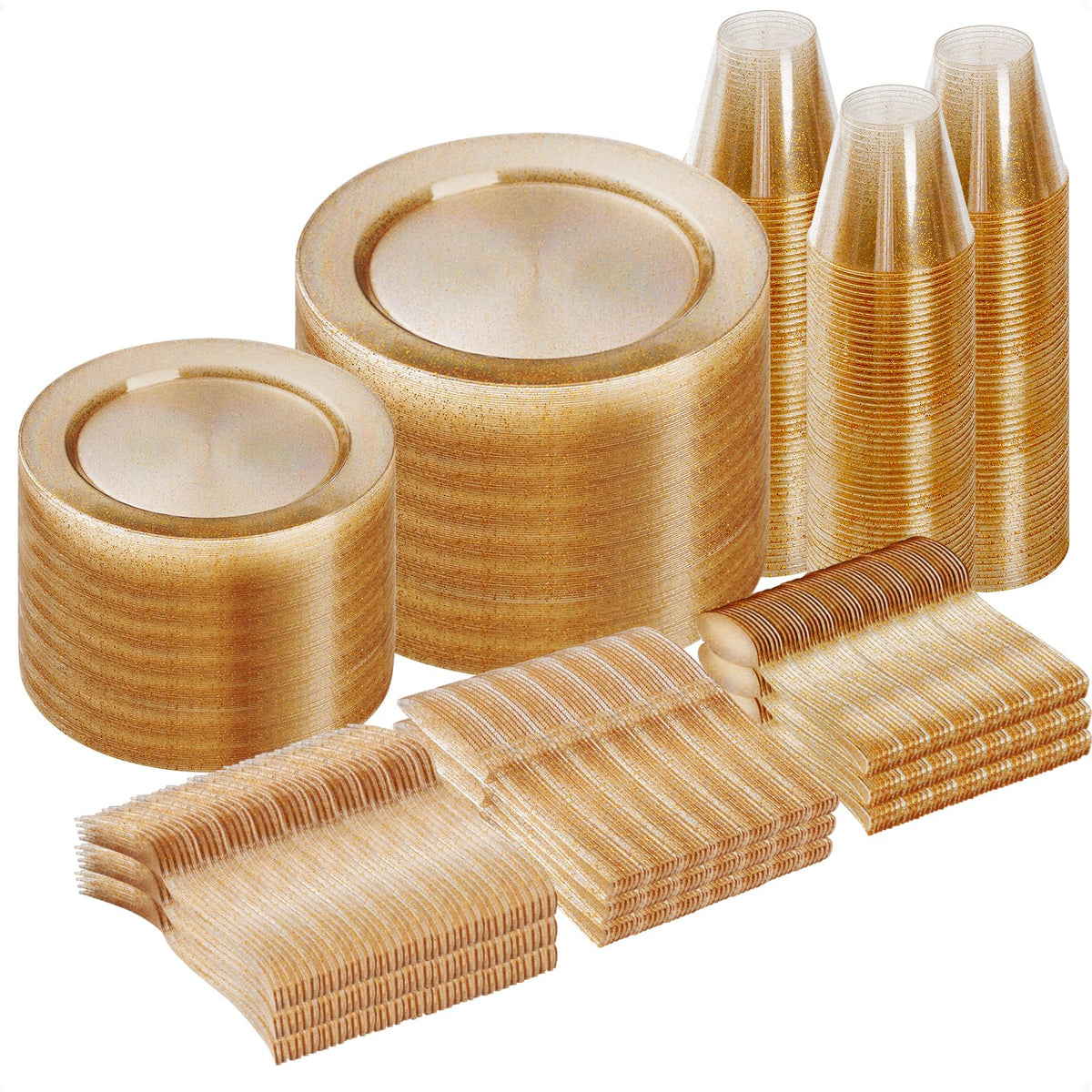 600 Pieces Gold Disposable Plastic Plates for 100 Guests | Include: Dinnerware Set of 100 Dinner and 100 Dessert Plates, 100 Spoons, 100 Forks, 100 Knives, 100 Cups Plates for Party