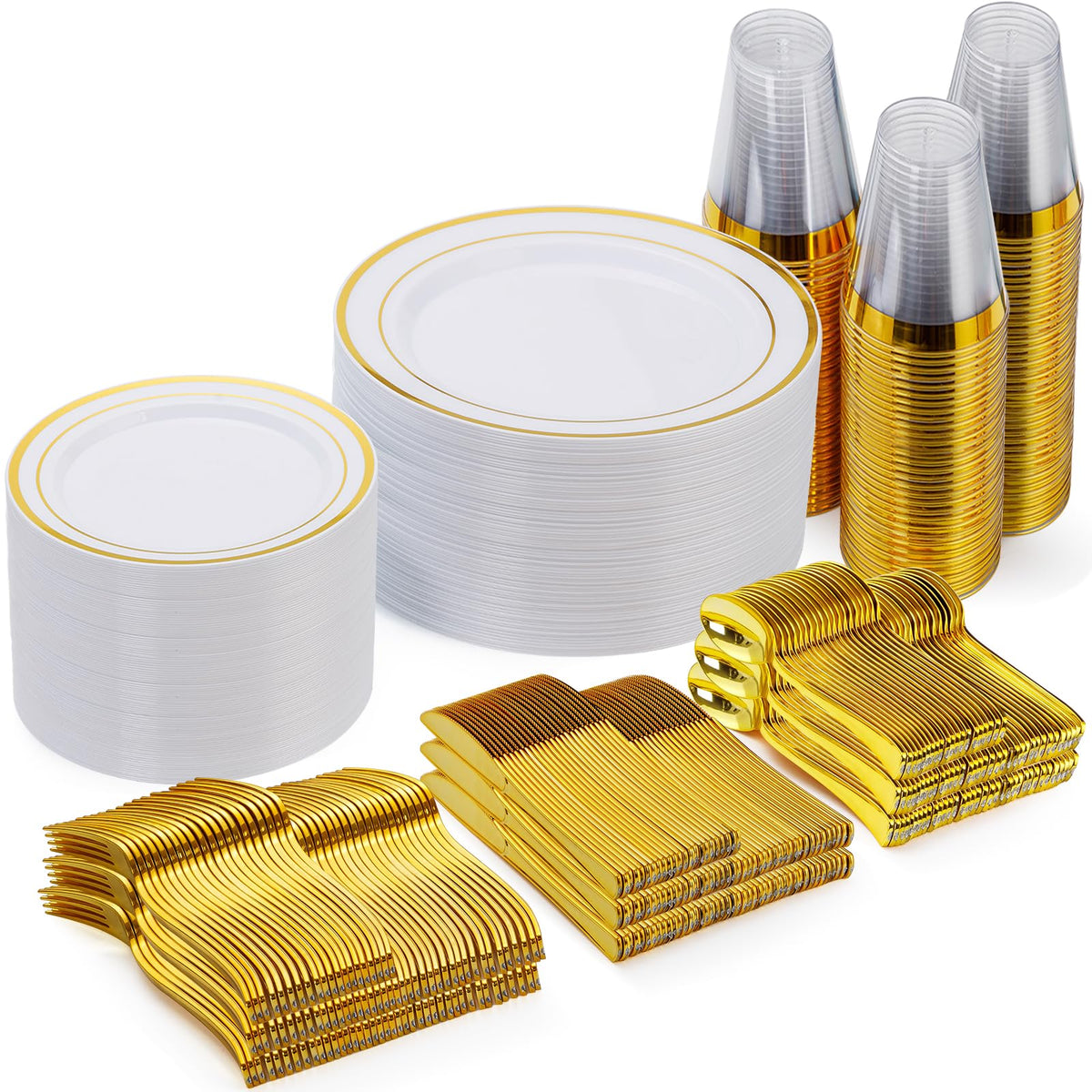 600 Pieces Gold Disposable Plastic Plates for 100 Guests | Include: Dinnerware Set of 100 Dinner and 100 Dessert Plates, 100 Spoons, 100 Forks, 100 Knives, 100 Cups Plates for Party
