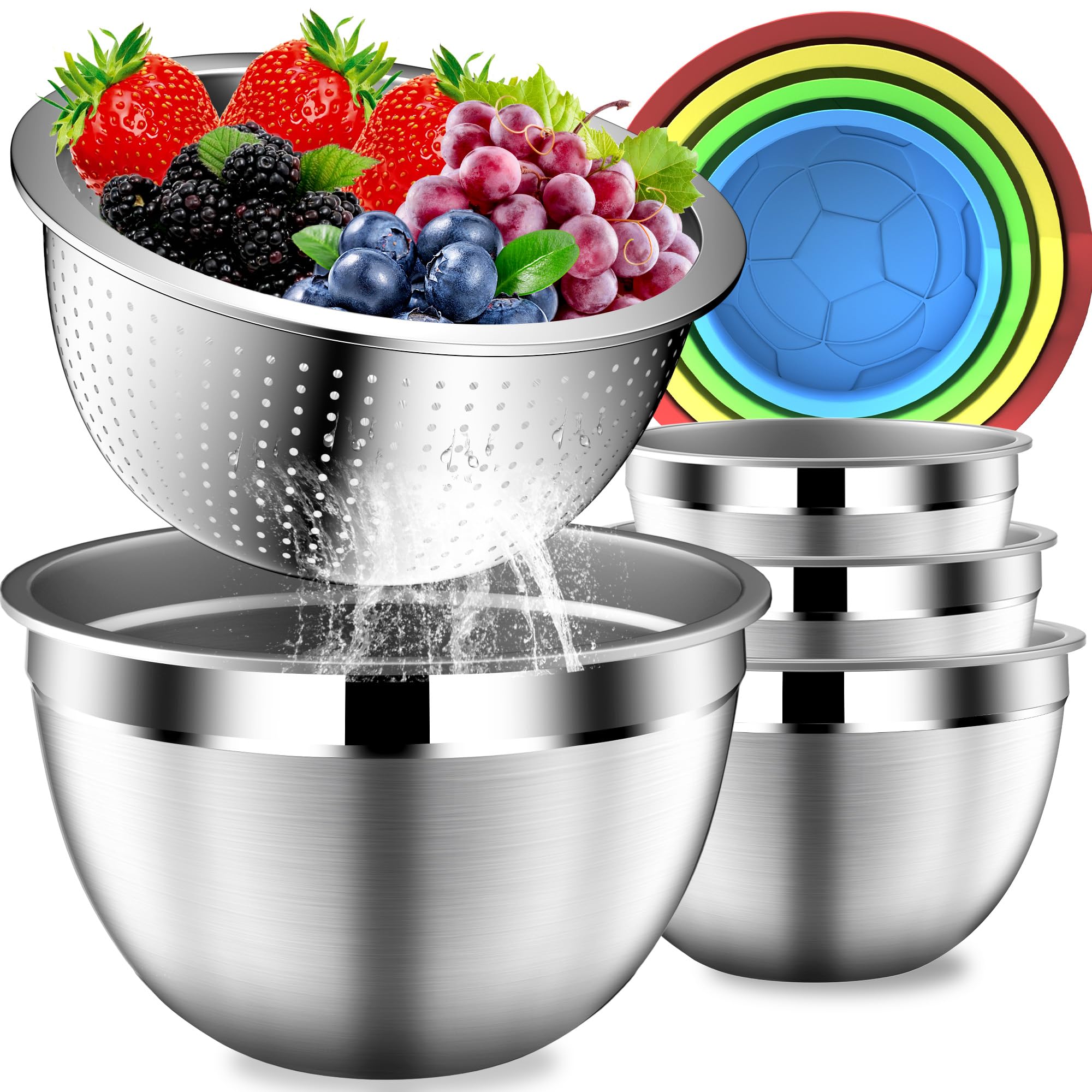 DUTZUN Mixing Bowls with Lids Set, Stainless Steel Mixing Bowls with Colander, Strainer with Mixing Bowl Set, Serving Bowl Kitchen Gift, Size 4.5, 2.5, 2, 1.5QT - Black