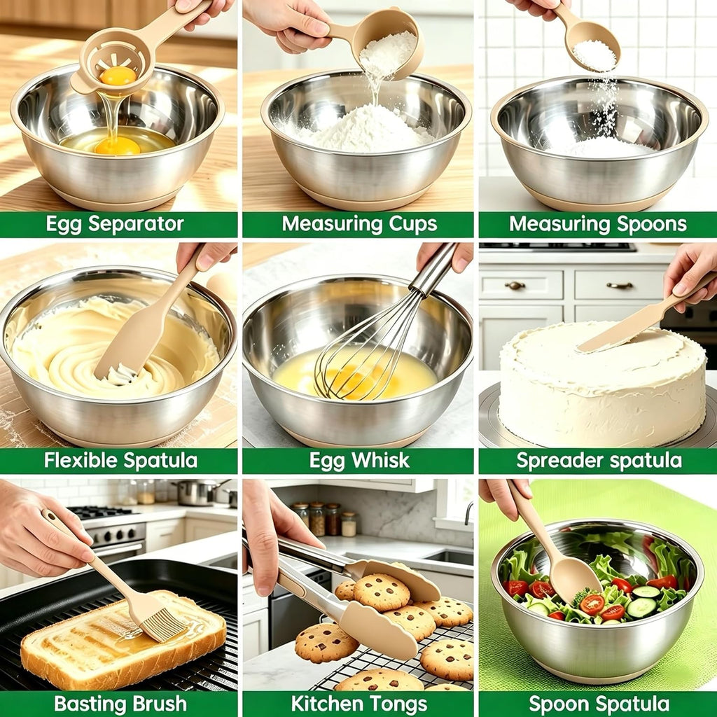 Deedro Mixing Bowls with Airtight Lids, Stainless Steel Mixing Bowls Set | 22Pcs Nesting Bowls with Non-Slip Silicone Base, thicker Metal Bowls for Baking & Prepping, 1.5/2/3/4/5 QT, Khaki
