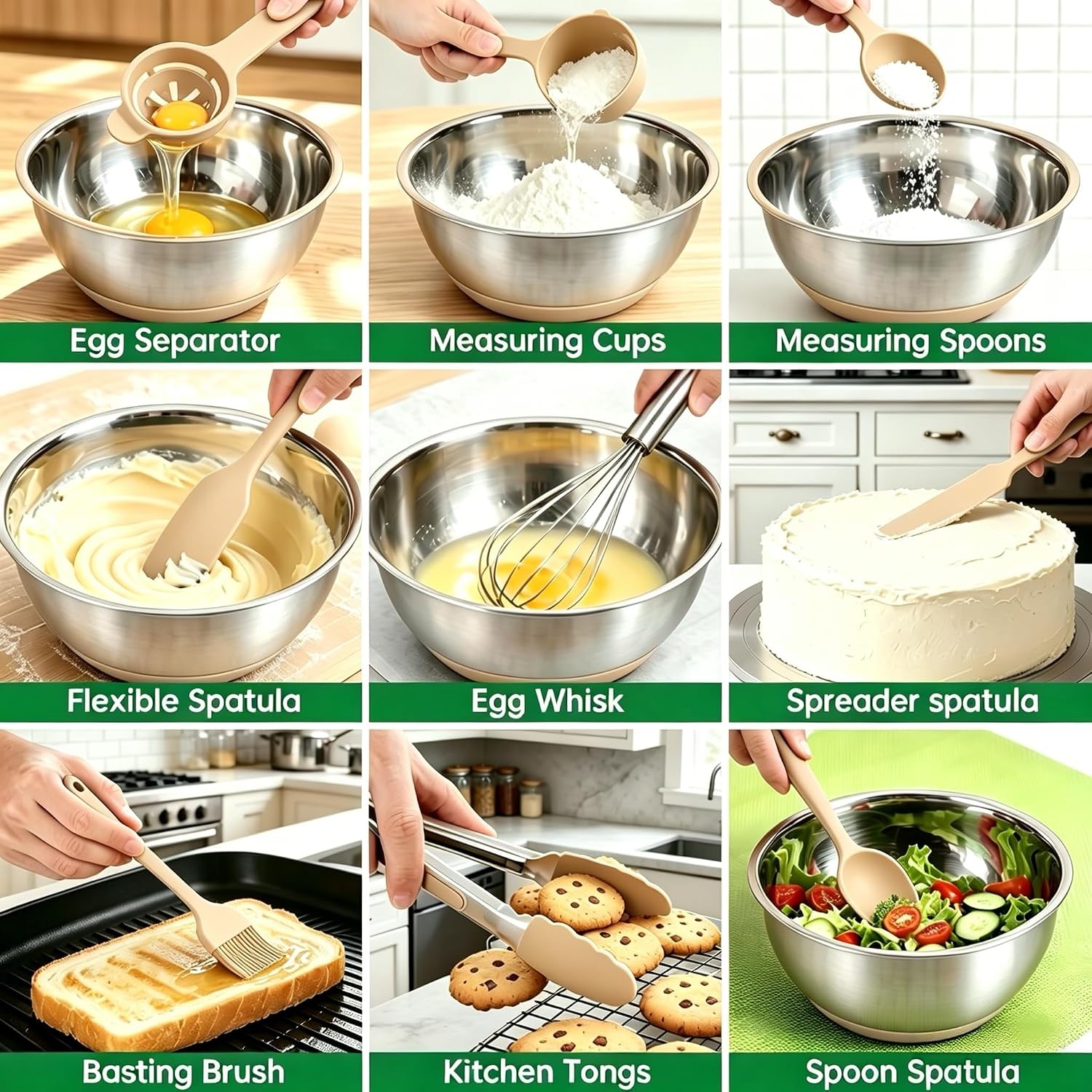 Deedro Mixing Bowls with Airtight Lids, Stainless Steel Mixing Bowls Set | 22Pcs Nesting Bowls with Non-Slip Silicone Base, thicker Metal Bowls for Baking & Prepping, 1.5/2/3/4/5 QT, Khaki