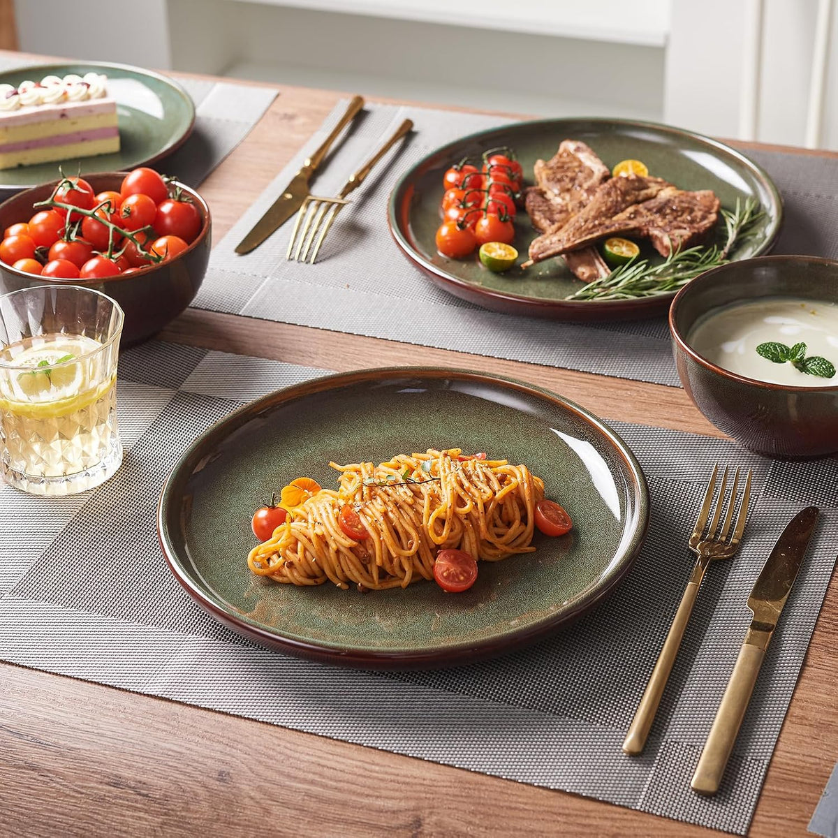 Stoneware Dinnerware Sets Service for 4, 12 pcs Reactive Glaze Plates and Bowls Sets, Handmade Ceramic Dish Set, Highly Chip and Crack Resistant Modern Plate Set, Brown Green