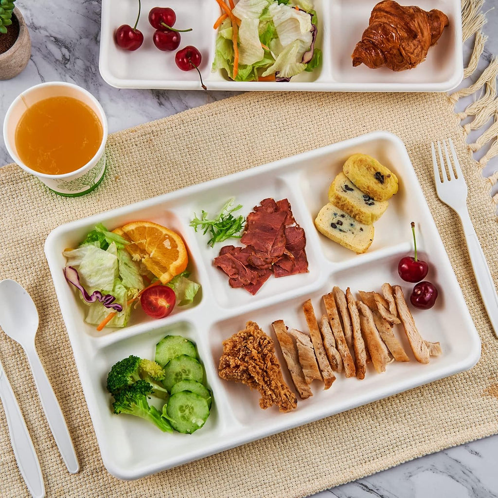 Compostable Disposable 5 Compartment Paper Plates, 12.5inch | 100 Pack, Biodegradable Sugarcane Plates, Eco-Friendly School Lunch Trays