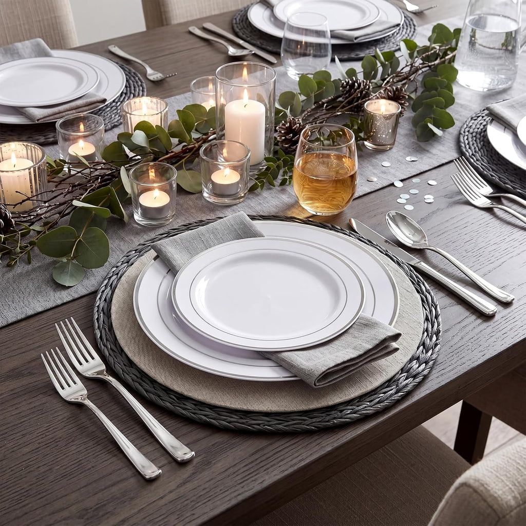 120PCS Plastic Plates White Silver Rim - Disposable Plates including 60PCS for Dinner 10.25inch, 60 Salad/Dessert Plates 7.5inch Heavy Duty Wedding Party Birthday