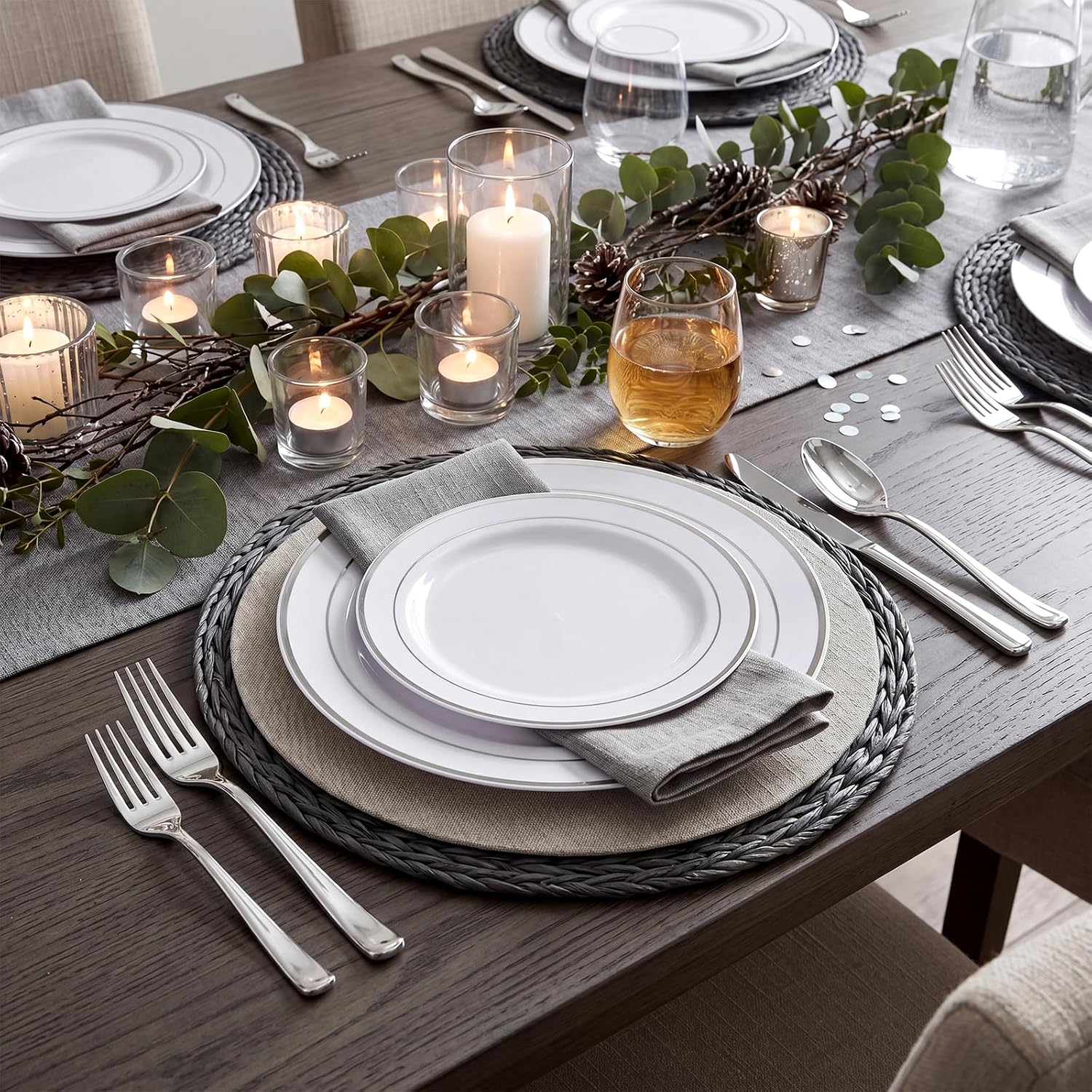 120PCS Plastic Plates White Silver Rim - Disposable Plates including 60PCS for Dinner 10.25inch, 60 Salad/Dessert Plates 7.5inch Heavy Duty Wedding Party Birthday