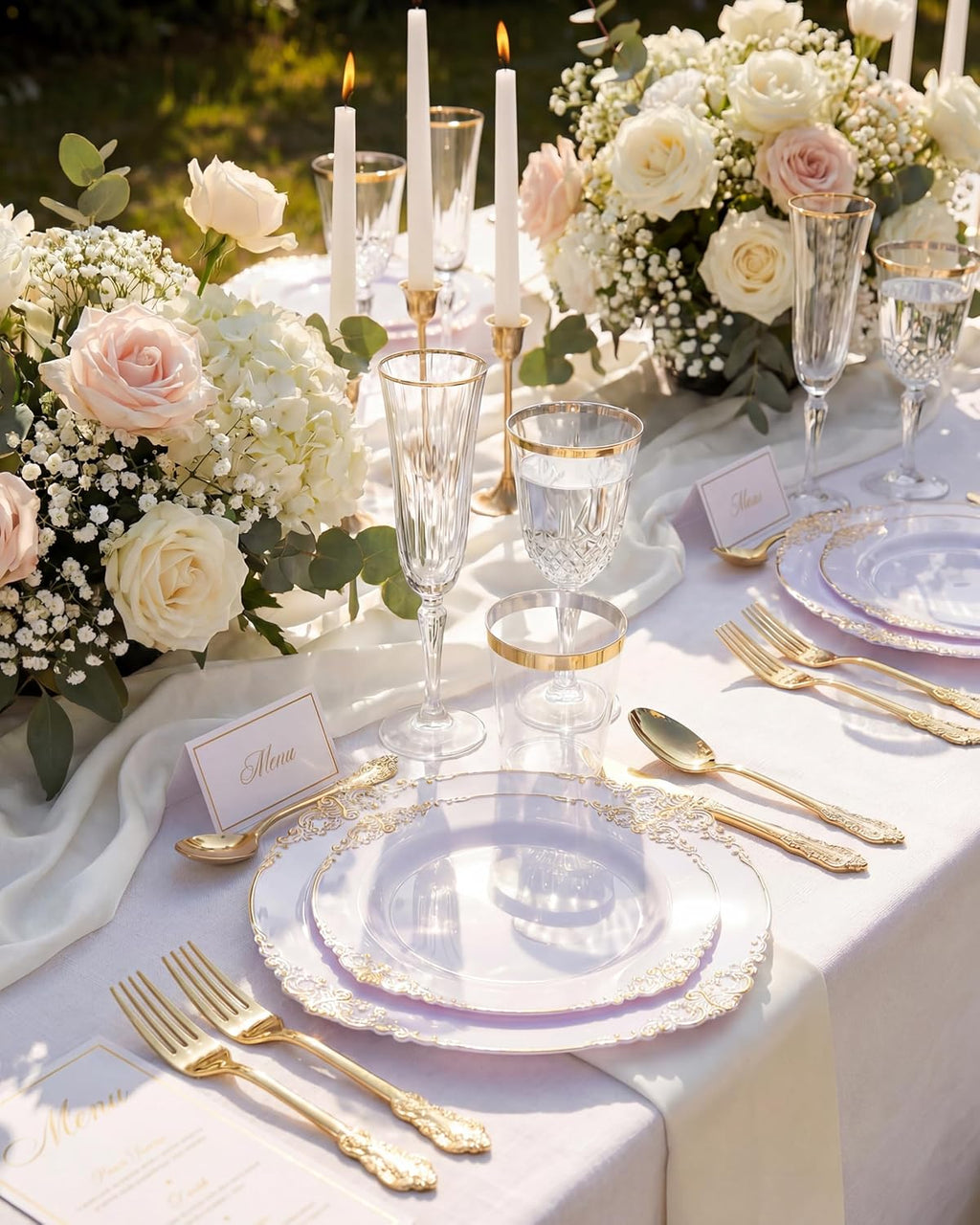 Nervure 350Pcs Gold Plastic Plates, Disposable Dinnerware Set for 50 Guests | 100 White Disposable Plates, 50 Pre Rolled Silverware Set, 50 10oz Cups, Perfect for Wedding, Party, Back to School, BPA-free
