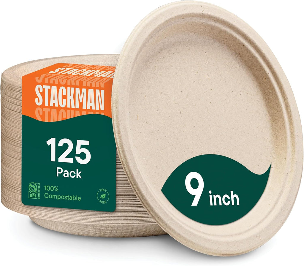 100% Compostable Paper Plates, Heavy Duty Disposable Plates [125-Pack] 9 Inch Plates - Eco-Friendly, Biodegradable Sugarcane Bagasse, Natural Unbleached Brown 9" Dinner Paper Plate Disposable | Eco-Friendly Biodegradable Sugarcane Bagasse Dinner Plates, P
