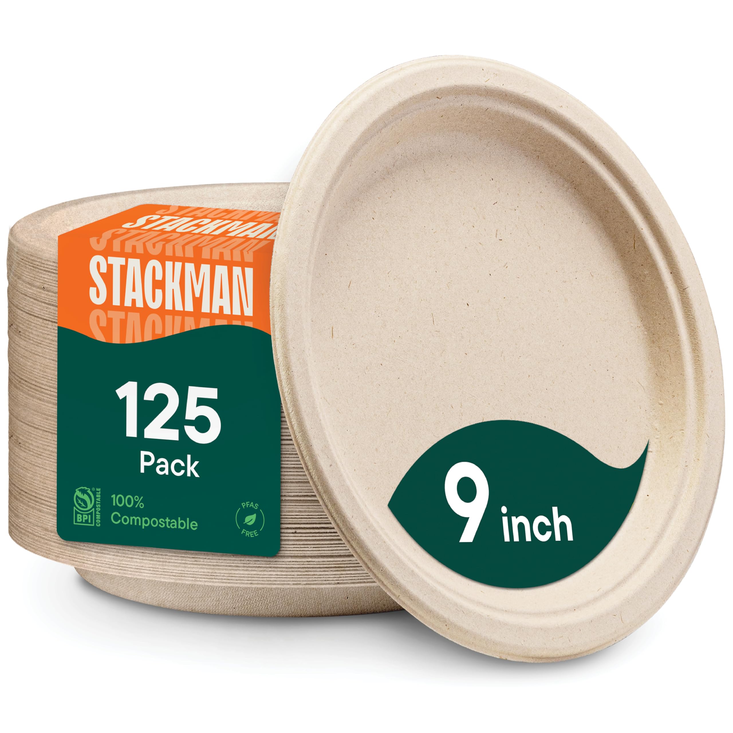 100% Compostable Paper Plates, Heavy Duty Disposable Plates [125-Pack] 9 Inch Plates - Eco-Friendly, Biodegradable Sugarcane Bagasse, Natural Unbleached Brown 9" Dinner Paper Plate Disposable | Eco-Friendly Biodegradable Sugarcane Bagasse Dinner Plates, P