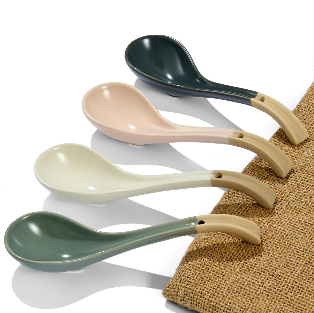 Asian Ceramic Soup Spoon, with Long Handle Easy to Hold, Non-slip Bottom, for Japanese Ramen, Chinese and Vietnamese Wonton, Noodle Soup Spoons (V86)