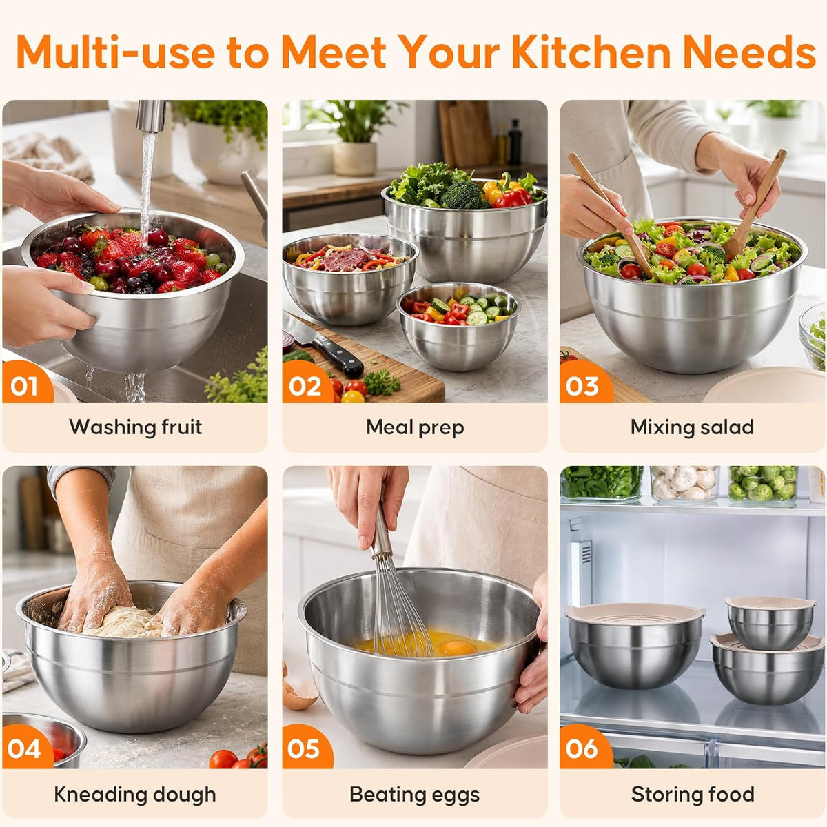 Stainless Steel Mixing Bowls with Lids Set, 4 Pack Cooking Bowls | Nesting Mixing Bowls with 3 Grater Attachments, Kitchen Airtight Metal Bowls, Size 4.5, 2.7, 1.5, 0.7QT for Mixing, Baking