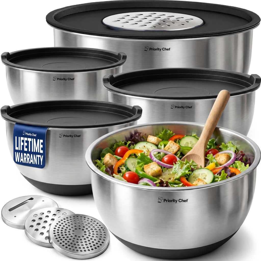 Stainless Steel Mixing Bowls with Lids Set, 3 Grater Attachments, Airtight Lids, Non-Slip Silicone Base Mixing Bowl Set, Large Prep Metal Mixing Bowls for Kitchen, Black