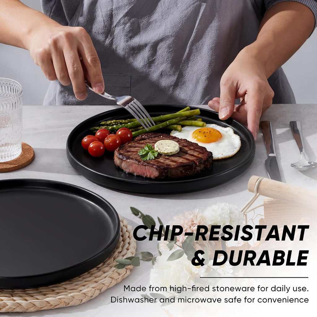 E-far Dinner Plates Set of 6, 10.5 Inch Stoneware Dinner Plate, Black | with Raised Edges, Chip & Scratch Resistant, Microwave & Dishwasher Safe Modern Ceramic Dishes for Dessert Salad, Matte Black