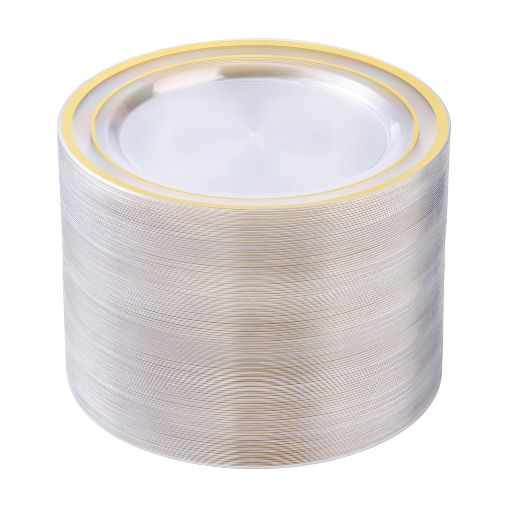 BESTSTAR 100PCS White Plastic Plates for Party | 10.25 Inch Disposable Plates with Gold Rim, Heavy Duty Dinner Plates for Party, Wedding and Birthday