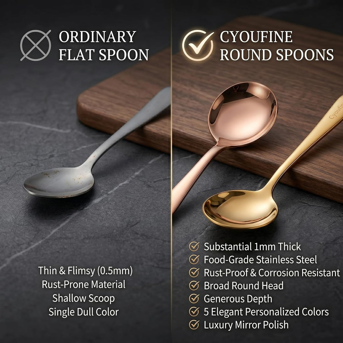 5 Color Soup Spoon set, Round Stainless Steel Bouillon Spoons 6-inch Metal Soup Spoon Flatware Set