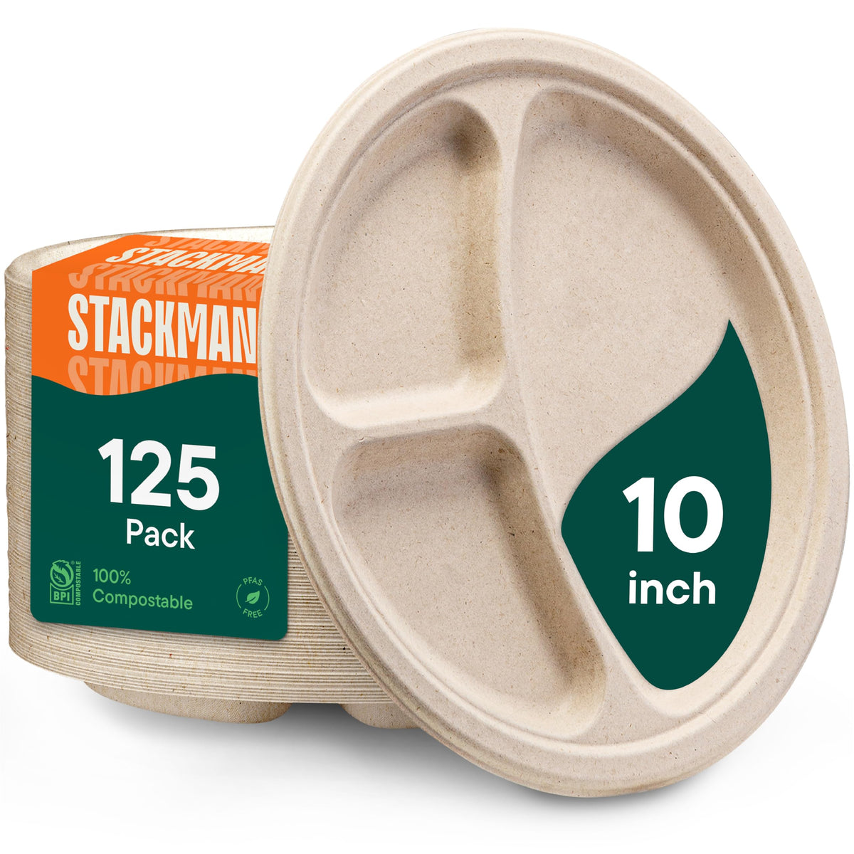 Paper Plates, 100% Compostable Heavy Duty Disposable 10 Inch Plate - [125-Pack] Eco-Friendly, Biodegradable Bagasse - (PFAS-Free) - (BPI Certified) | Eco-Friendly Biodegradable Sugarcane Bagasse Dinner Plates, PFAS-Free & BPI Certified Unbleached Party Su