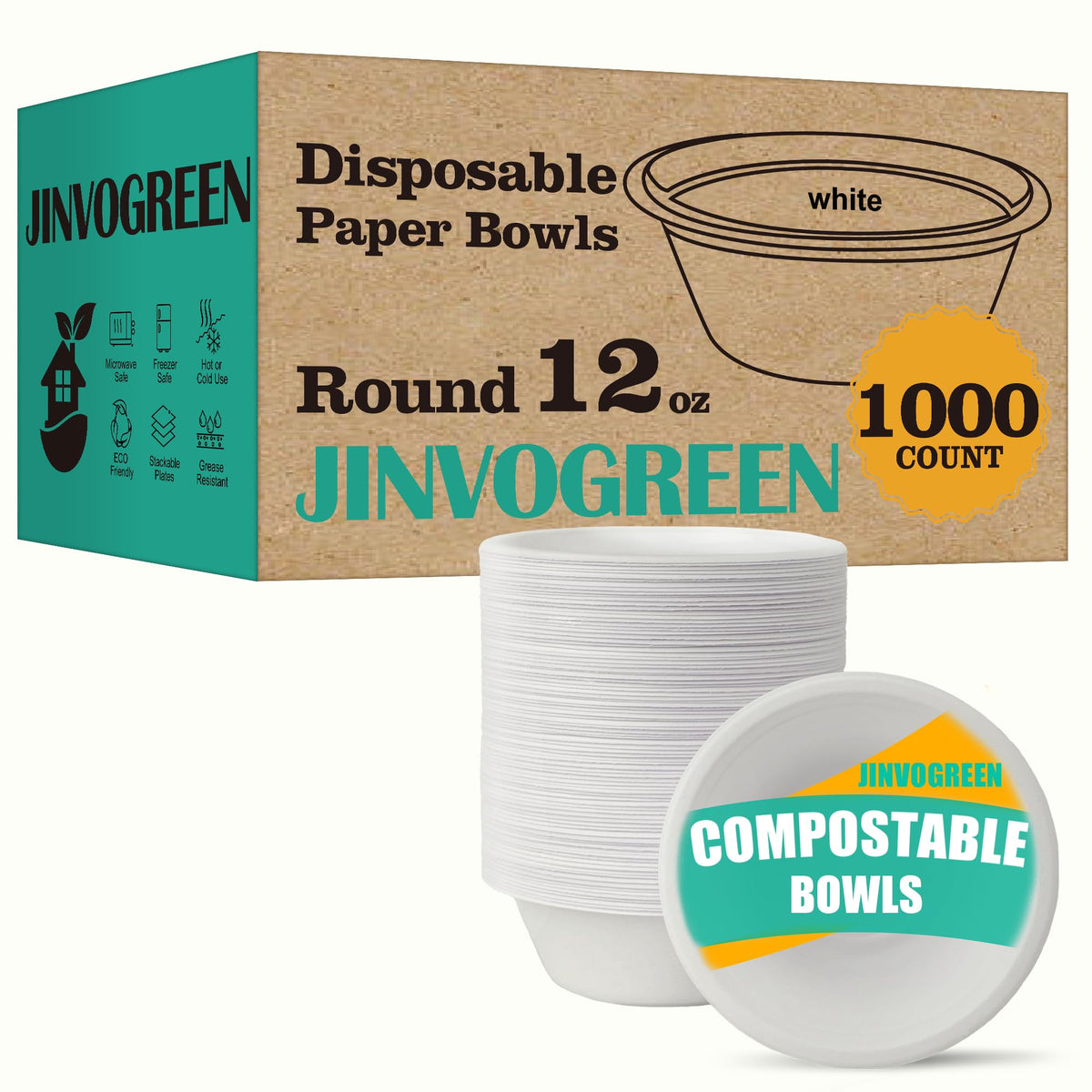 JINVOGREEN 500 Count 12 oz Paper Bowls, Compostable Bowls Bulk, White | Heavy Duty Disposable Bowls, Sugarcane Bagasse Bowls Bulk for Cereal, Snacks, Soup, Salads, Eco-Friendly, Microwave Safe