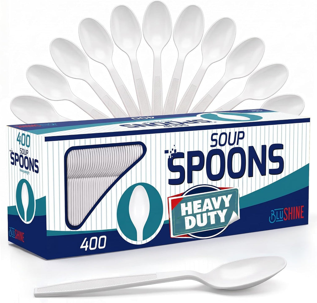 BluShine Heavy Duty Plastic Soup Spoons, Disposable Bulk Utensils | 400 Count Heavy Duty White Plastic Spoons, Strong Silverware Feel, BPA Free, Reusable, Dishwasher Safe, Catering Ready