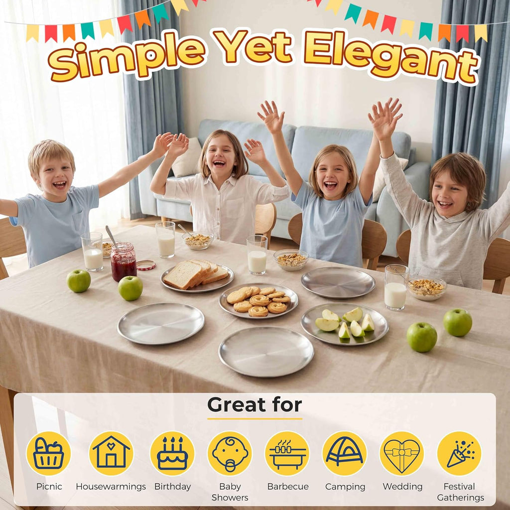 Homikit 6 Pack Stainless Steel Plate Set, 10.2 Inch Metal Dinner Plates for Kids Children Adult, Round Camping Plates for Serving Dishes Dessert Salad, Reusable & Unbreakable, Dishwasher Safe