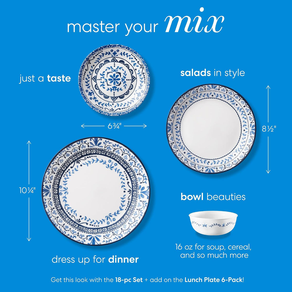 Corelle Vitrelle 6 PIECE Dinner Plates Set Triple Layer Glass and Chip Resistant, Lightweight Round Plates, Portofino