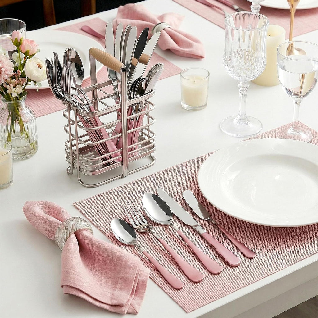 30 Pieces Silverware Set with Stainless Steel Utensil Drying Rack, Service for 6, Cutlery Set with Stand for Kitchen Counter, Tableware Set Includes Knives Forks Spoons Teaspoons Butter Knives (Pink)