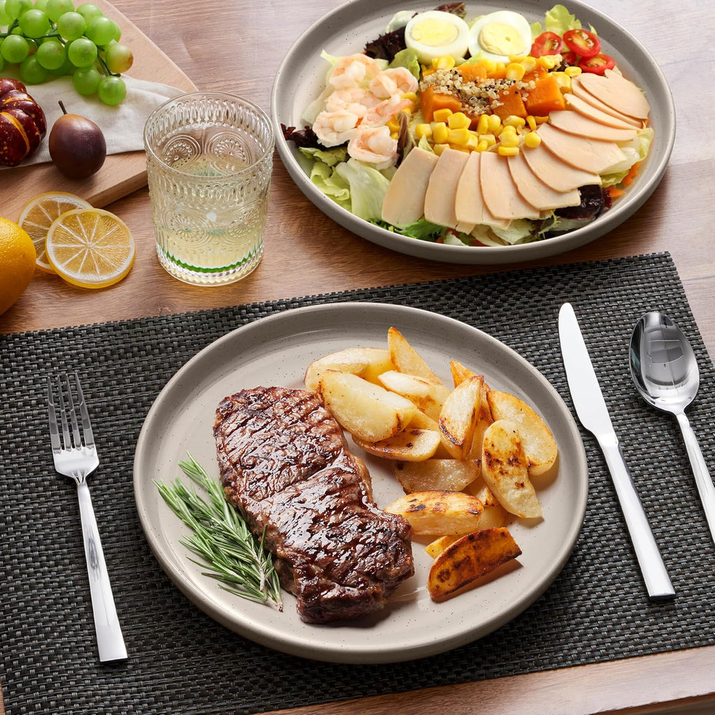 LIANYU Stoneware Dinner Plates Set of 4, 10.5 Inch Porcelain Kitchen Plates, High Edge Flat Dishes Set for Steak, Salad, Dessert, Microwave & Dishwasher & Oven Safe, Scratch Resistant, Milky Brown