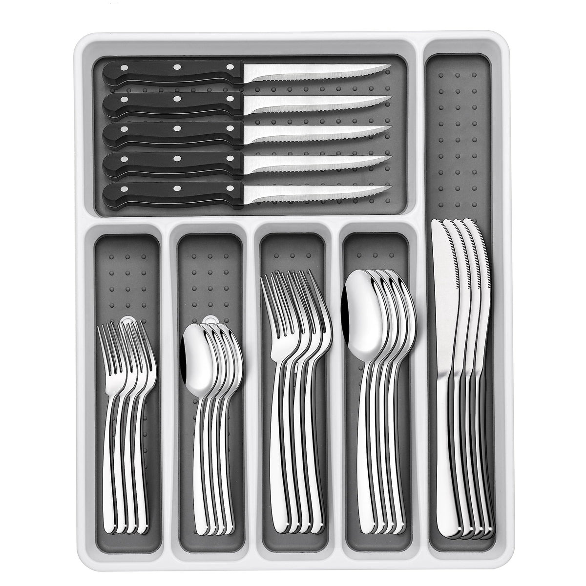 49-Piece Black Silverware Set with Organizer, Food-Grade Stainless Steel Black Flatware for 8, Cutlery Utensil Sets with Steak Knives, Rust-proof, Mirror Polished, Dishwasher Safe, Tree Pattern