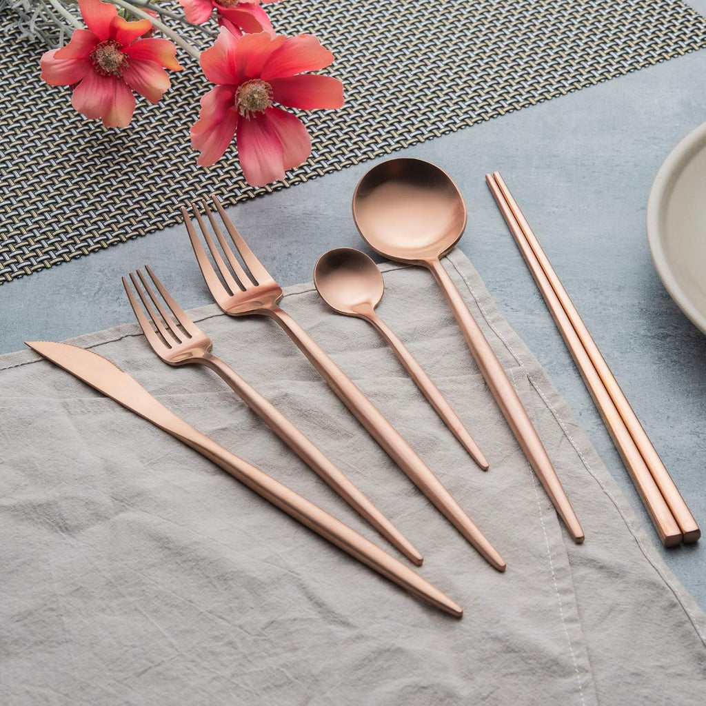 Matte Copper Silverware Set Reusable Chopsticks - KiiZYs 14-piece Stainless Steel Utensils Set Kitchen Accessories - Modern Flatware Spoon Fork Knife - Cutlery Set Gift Box (Matte Copper, 2 Sets)