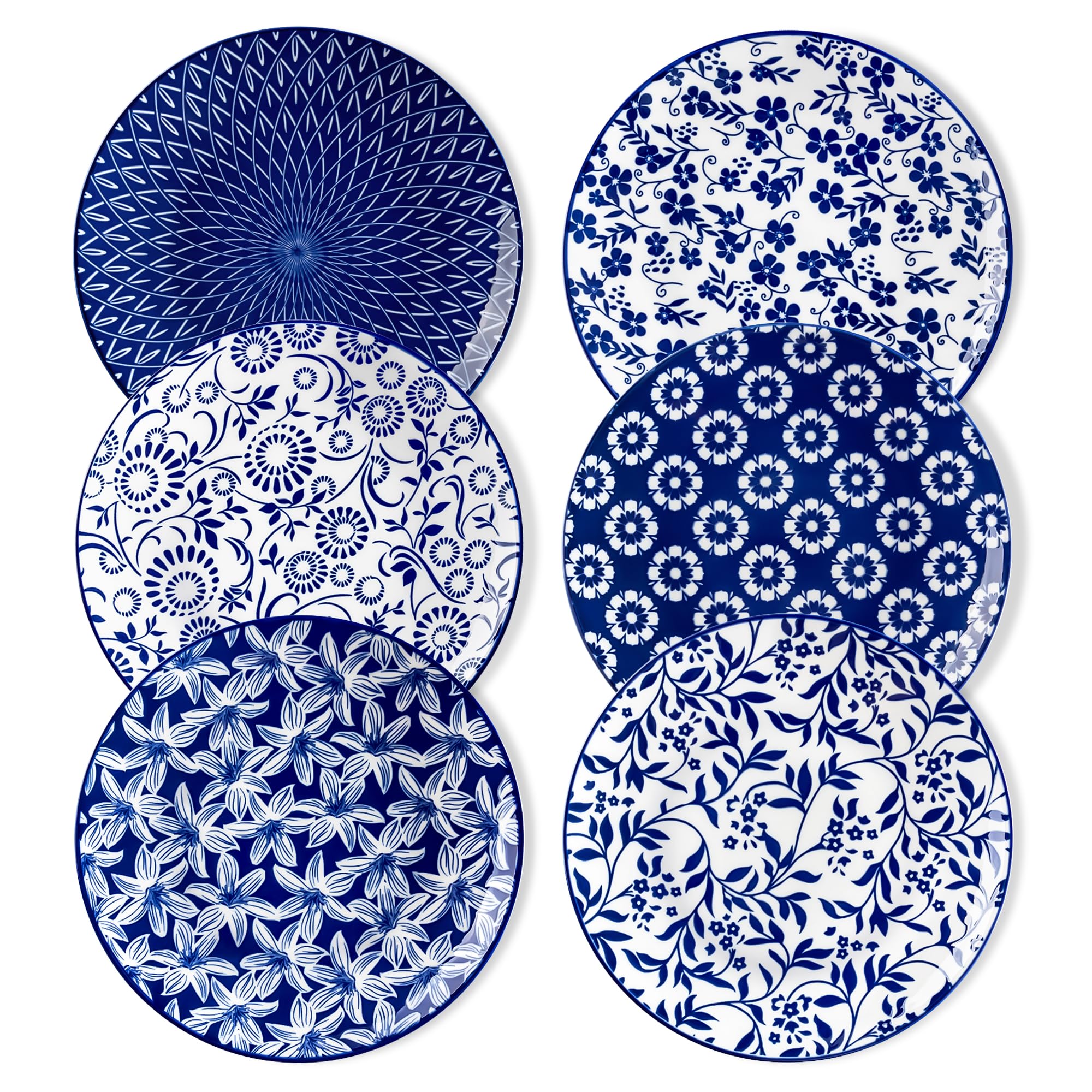 vancasso 10.25" Blue Dinner Plates Set of 6, Porcelain Vintage | Microwave, Oven, Dishwasher Safe, For Dinner, Pasta, Salad, and Dessert, Vintage Blue and White Floral, Stackable