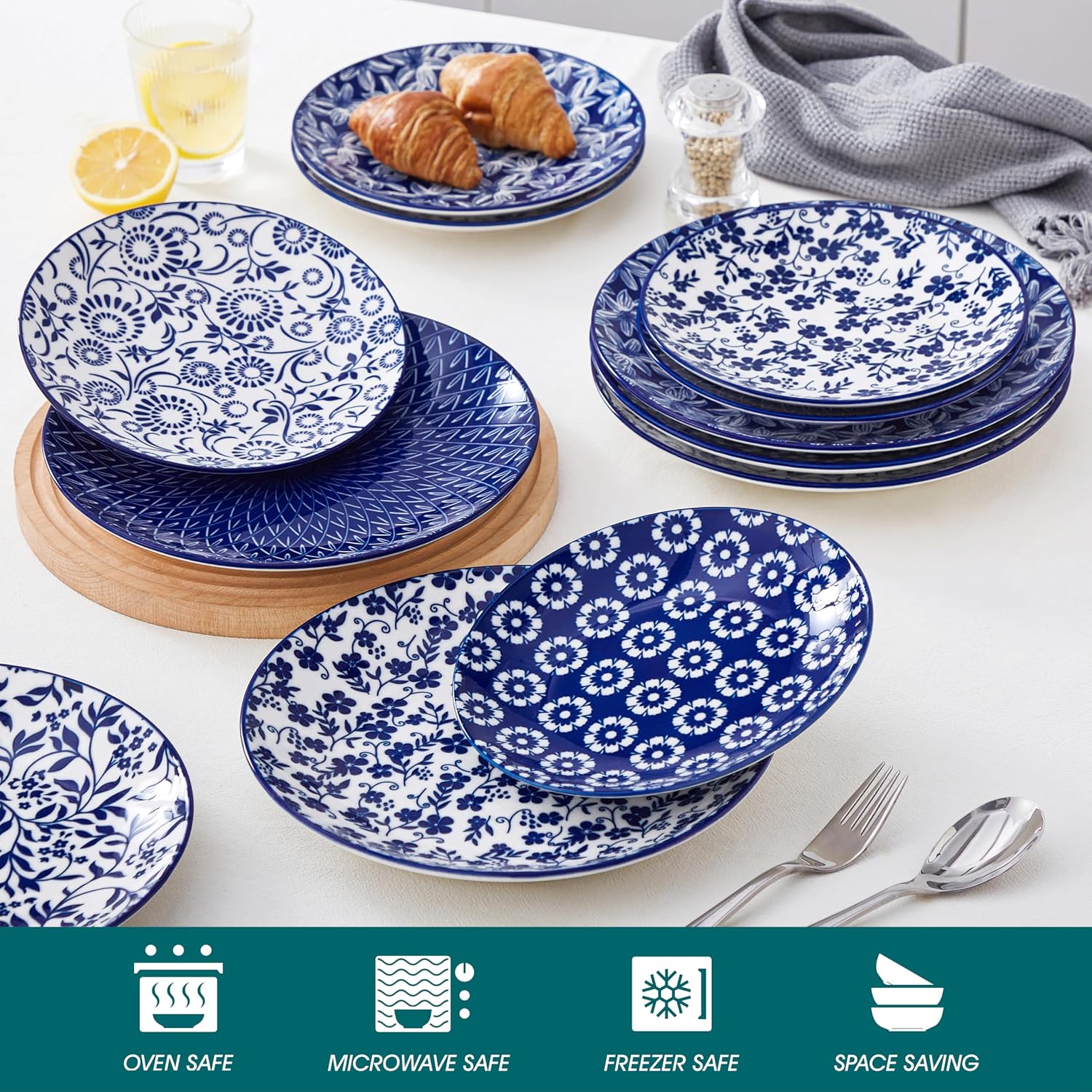 vancasso 10.25" Blue Dinner Plates Set of 6, Porcelain Vintage | Microwave, Oven, Dishwasher Safe, For Dinner, Pasta, Salad, and Dessert, Vintage Blue and White Floral, Stackable