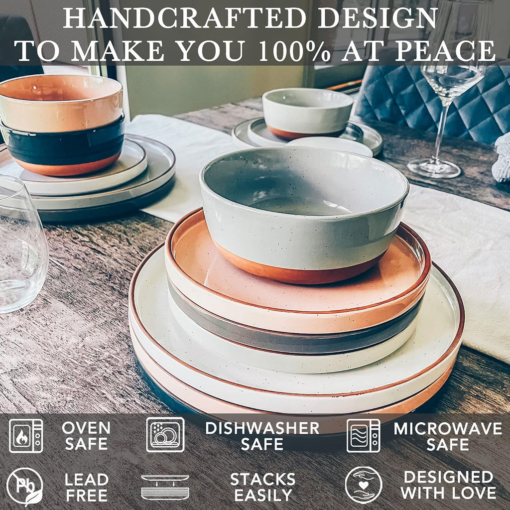 Mora Ceramic Flat Dinner Plates Set of 6, 10.5 in High Edge Dish Set - Microwave, Oven, and Dishwasher Safe, Scratch Resistant, Modern Dinnerware- Kitchen Porcelain Serving Dishes - Assorted Neutrals