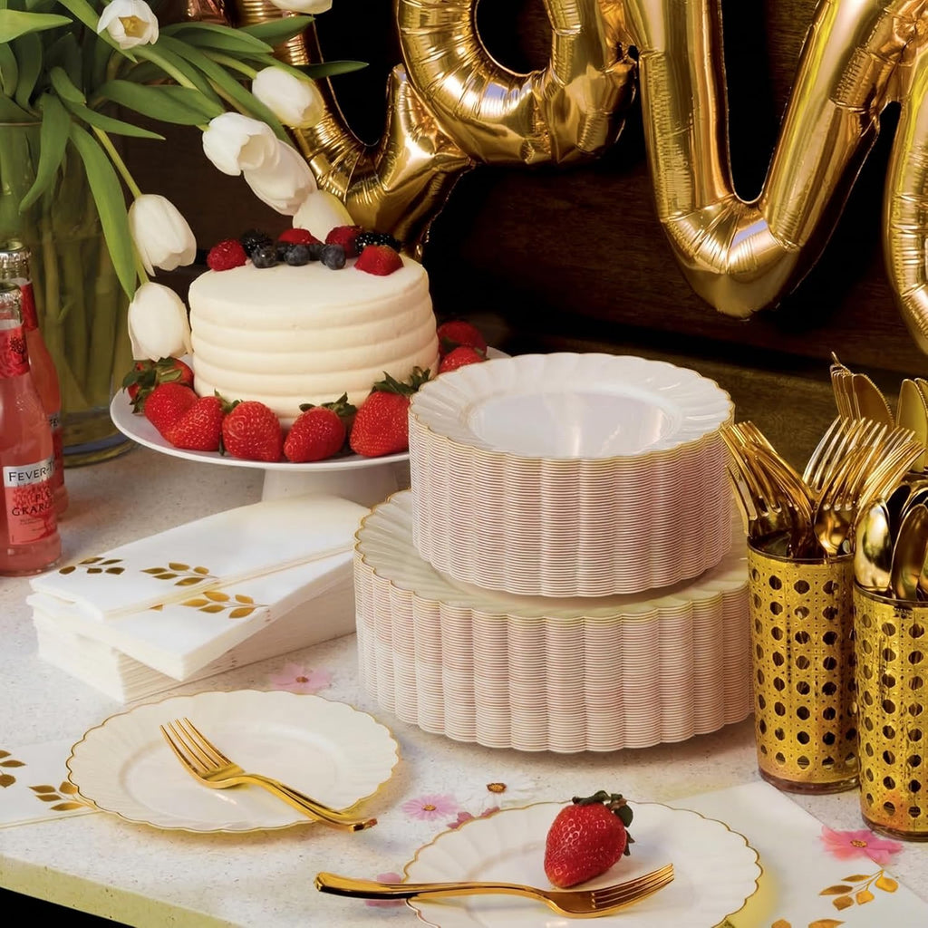 HEAVYWEIGHT Ivory Gold Scalloped Plastic Plates for Party 60 Pcs | 30% Heavier, 30 Dinner & 30 Dessert Heavy Duty Disposable Plates, Fancy Plastic Plates Wedding Shower (30 Guests))